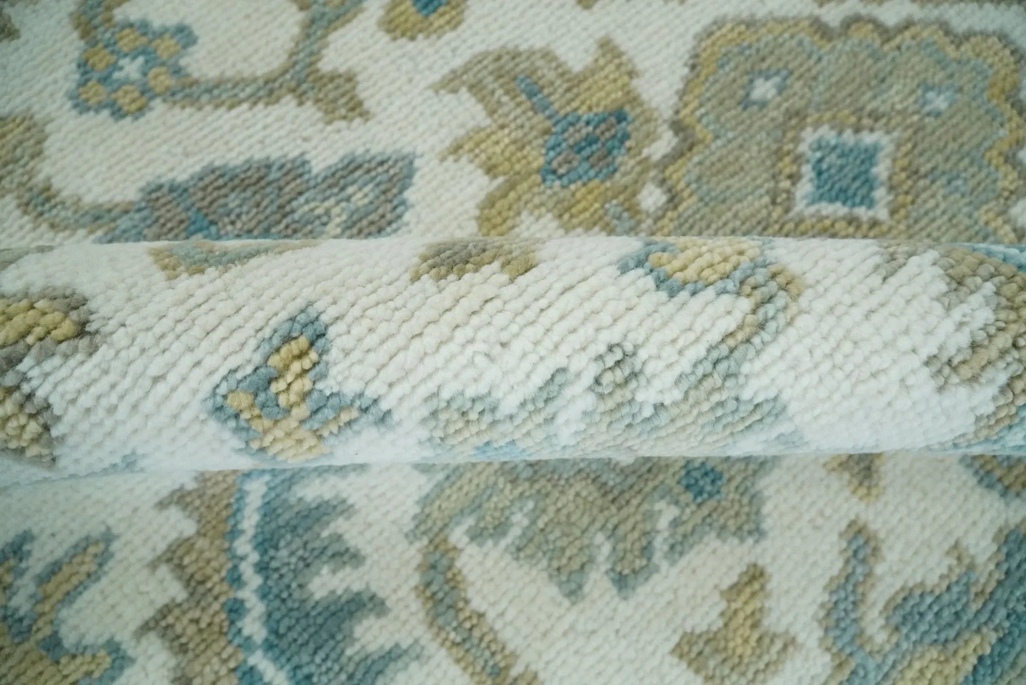 Hand Knotted Oriental Oushak Teal, Ivory and Beige Custom Made Wool Area Rug - The Mayfair Hall