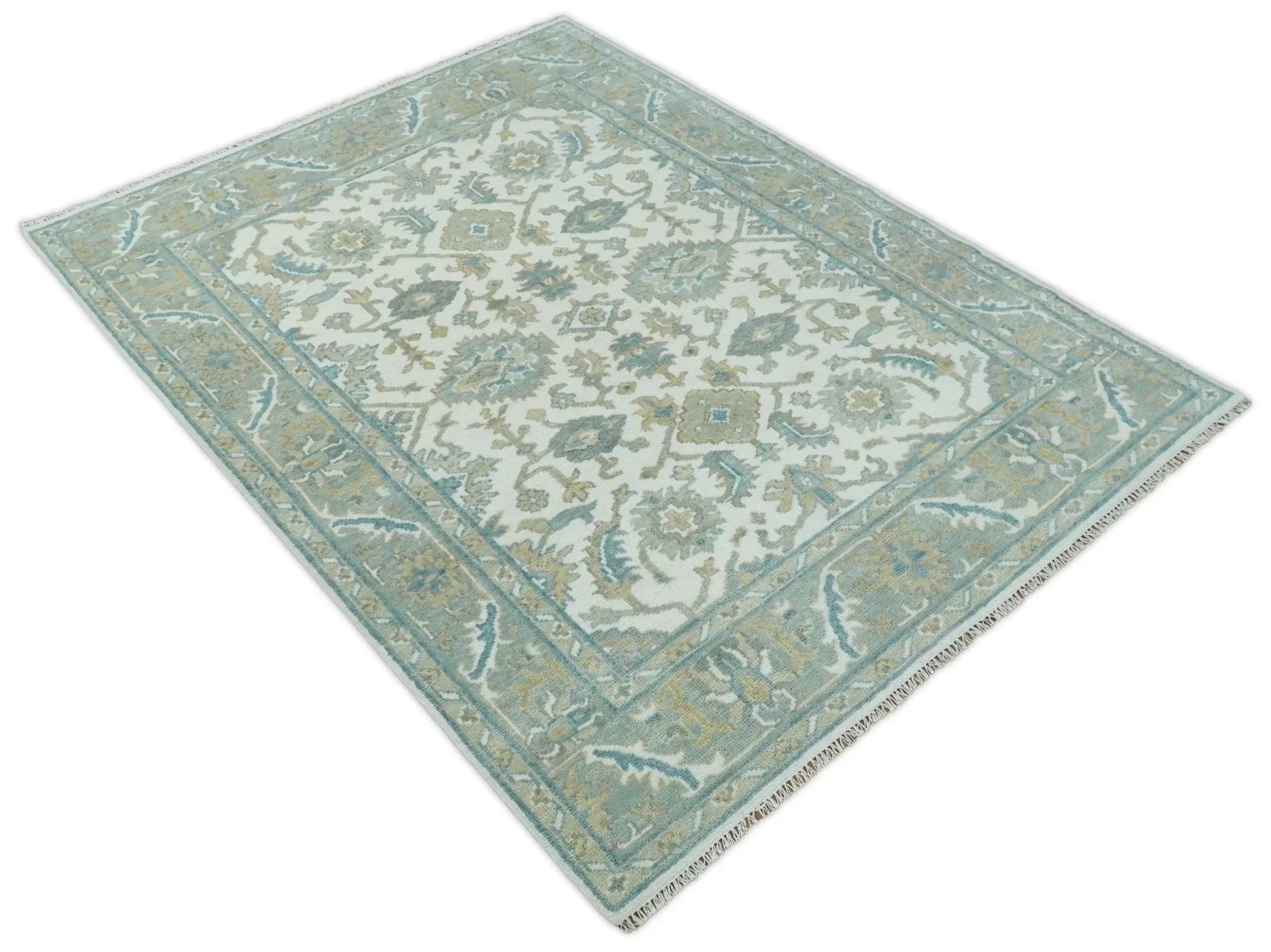 Hand Knotted Oriental Oushak Teal, Ivory and Beige Custom Made Wool Area Rug - The Mayfair Hall