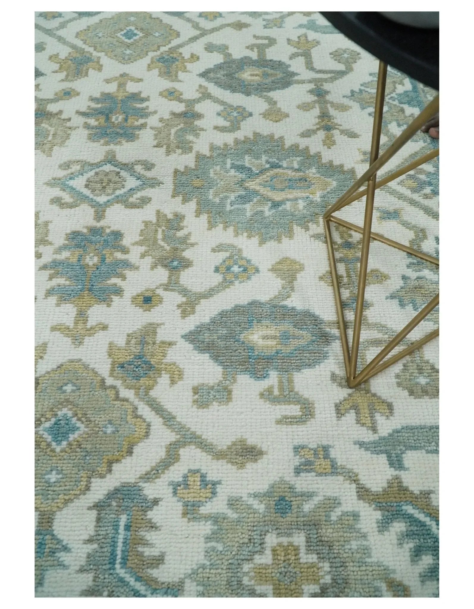 Hand Knotted Oriental Oushak Teal, Ivory and Beige Custom Made Wool Area Rug - The Mayfair Hall