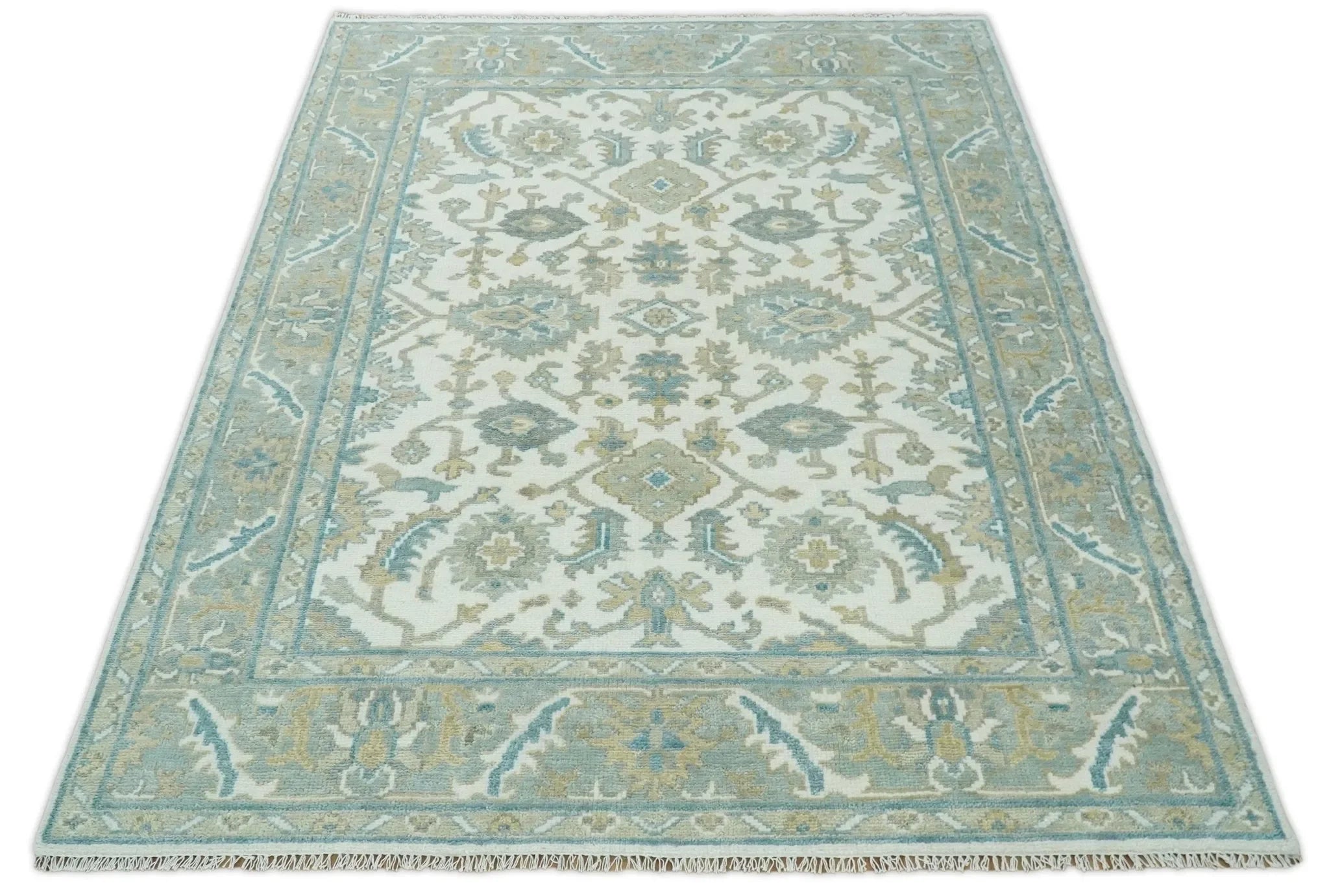 Hand Knotted Oriental Oushak Teal, Ivory and Beige Custom Made Wool Area Rug - The Mayfair Hall
