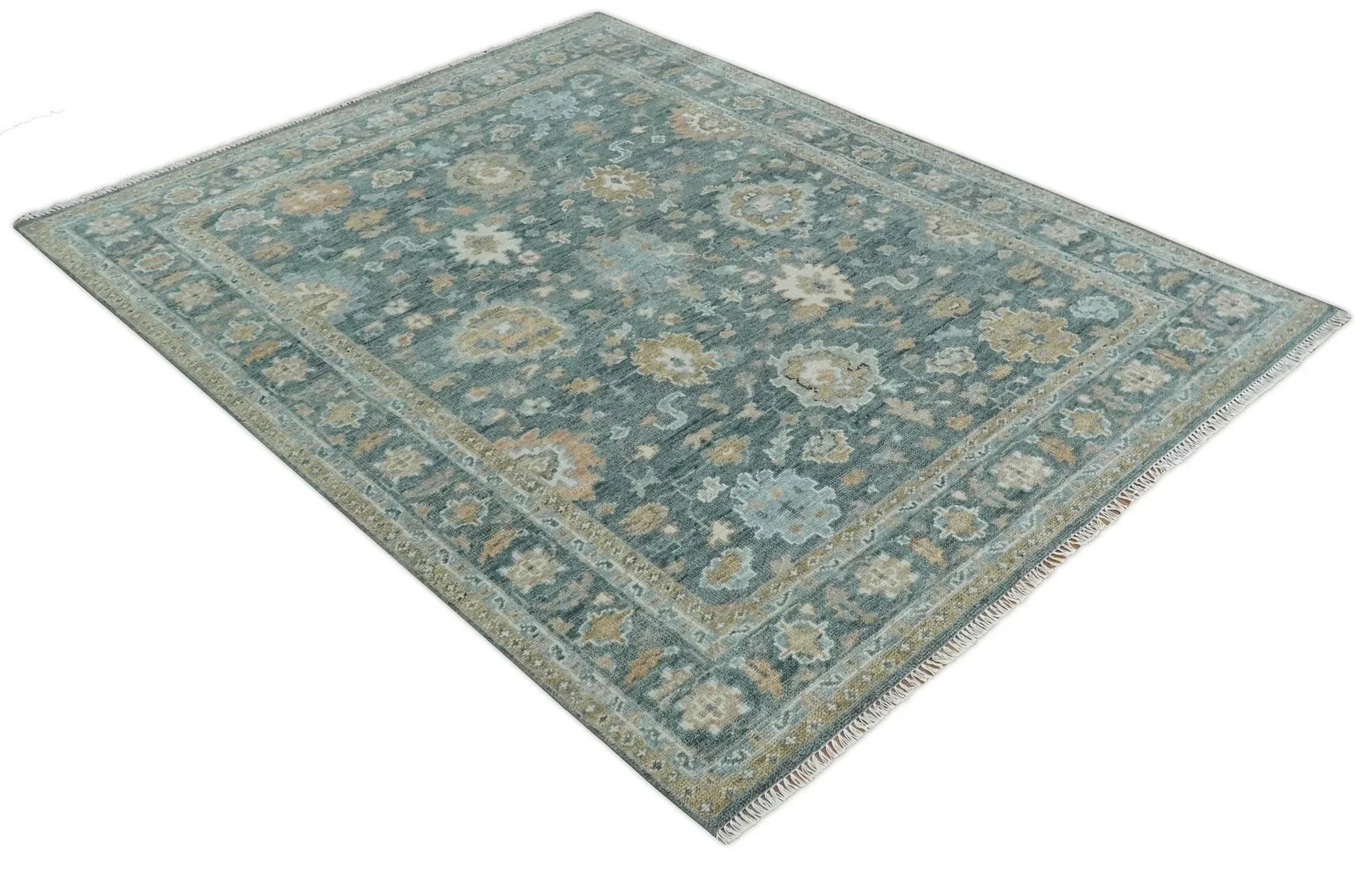 Made to Order Teal, Olive and Silver Antique Style Hand knotted Oushak wool Area Rug - The Mayfair Hall