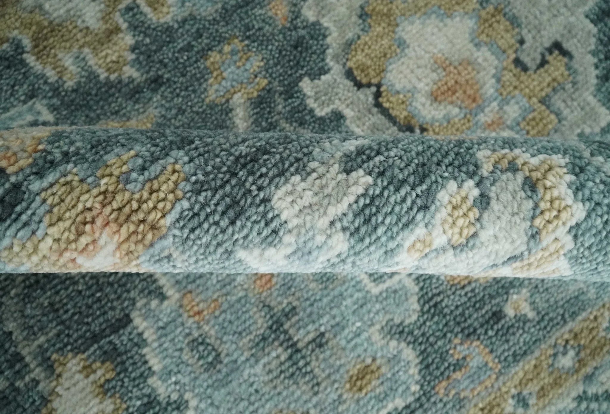 Made to Order Teal, Olive and Silver Antique Style Hand knotted Oushak wool Area Rug - The Mayfair Hall