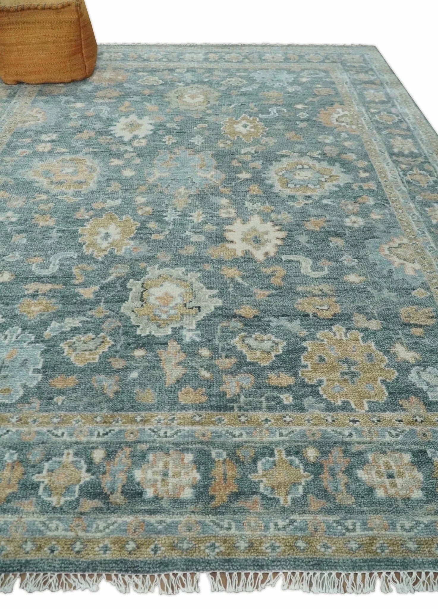 Made to Order Teal, Olive and Silver Antique Style Hand knotted Oushak wool Area Rug - The Mayfair Hall