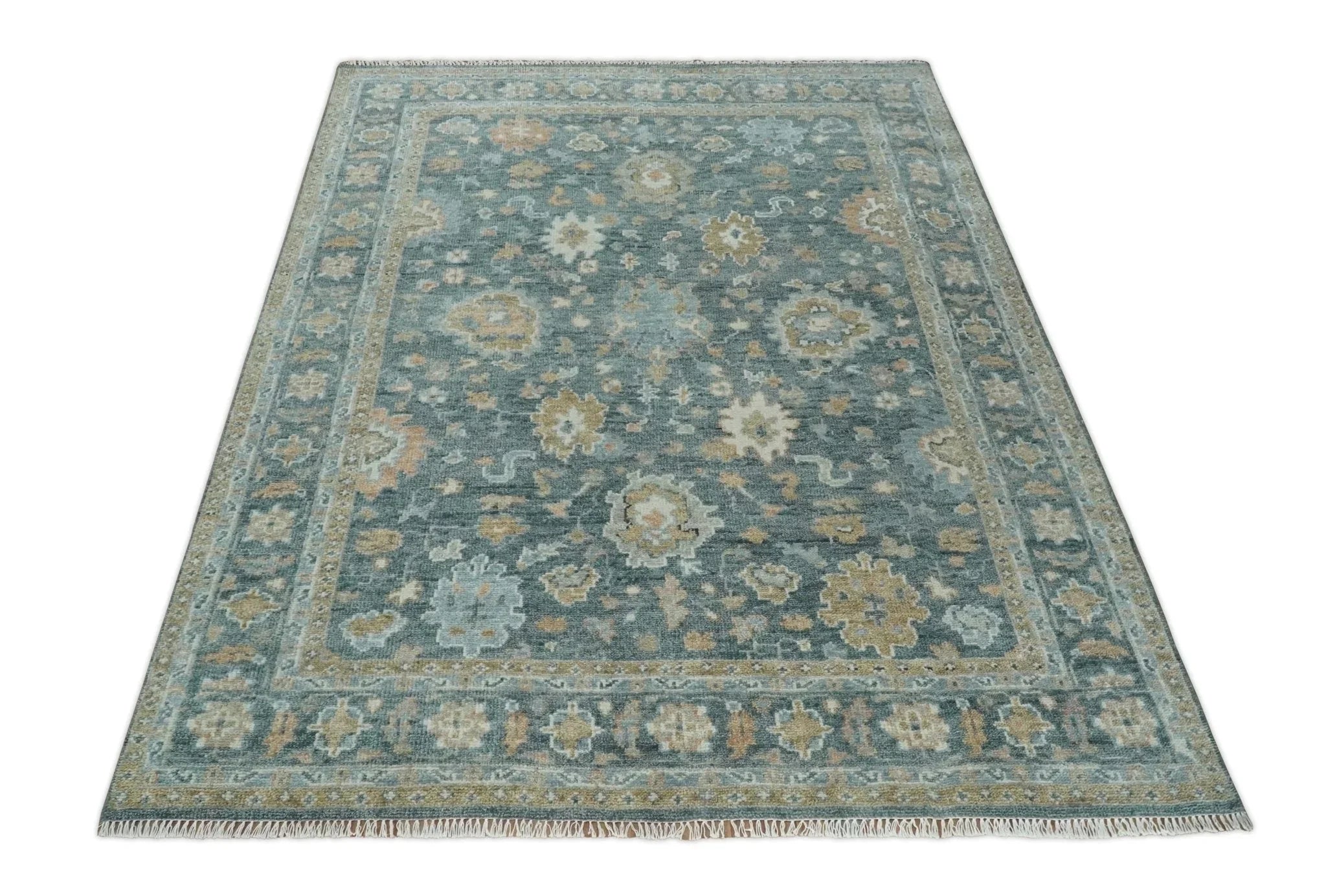 Made to Order Teal, Olive and Silver Antique Style Hand knotted Oushak wool Area Rug - The Mayfair Hall