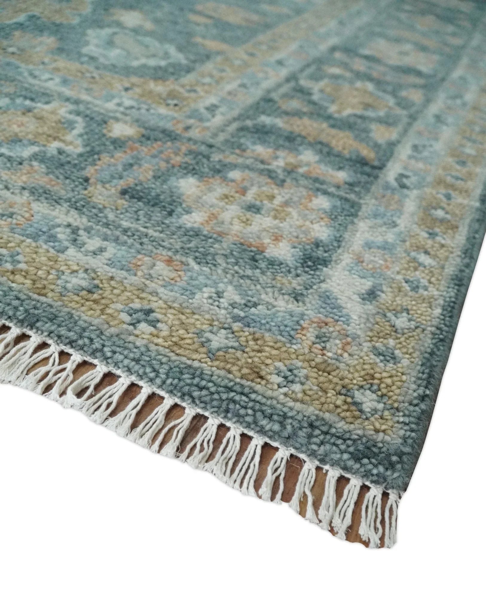 Made to Order Teal, Olive and Silver Antique Style Hand knotted Oushak wool Area Rug - The Mayfair Hall