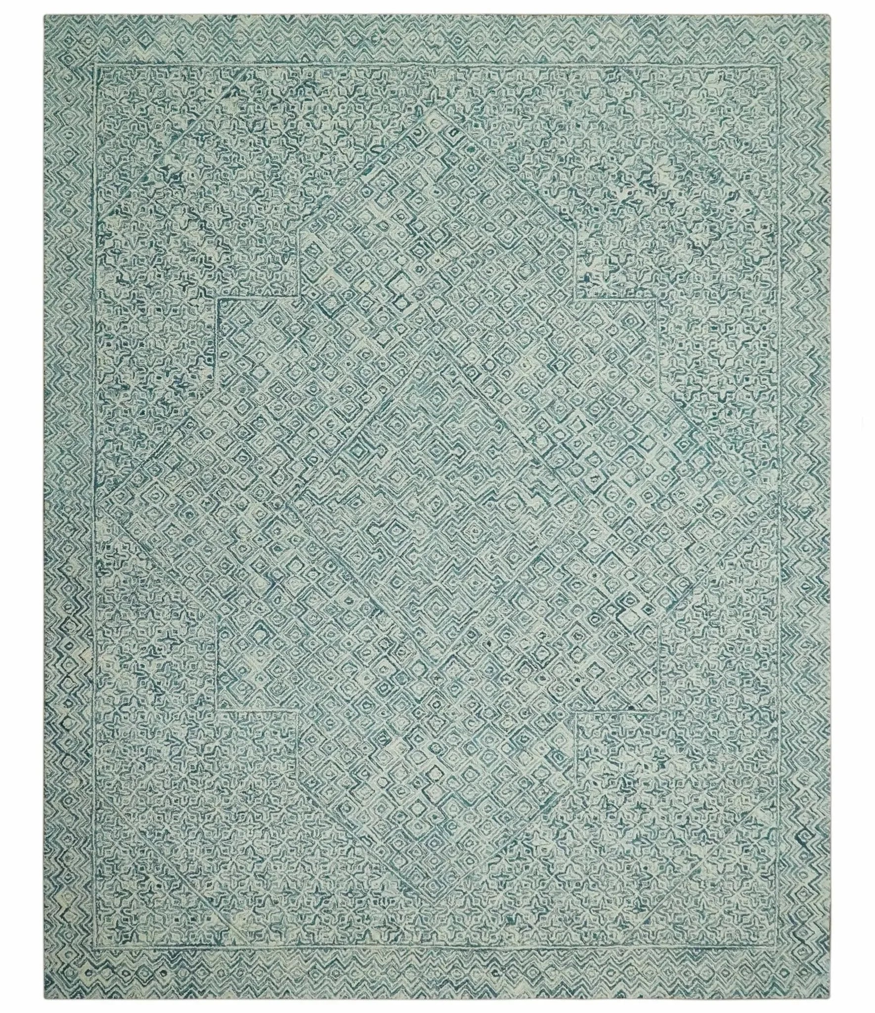 Modern Geometrical Teal and Ivory Hand Tufted Custom Made wool area rug - The Mayfair Hall