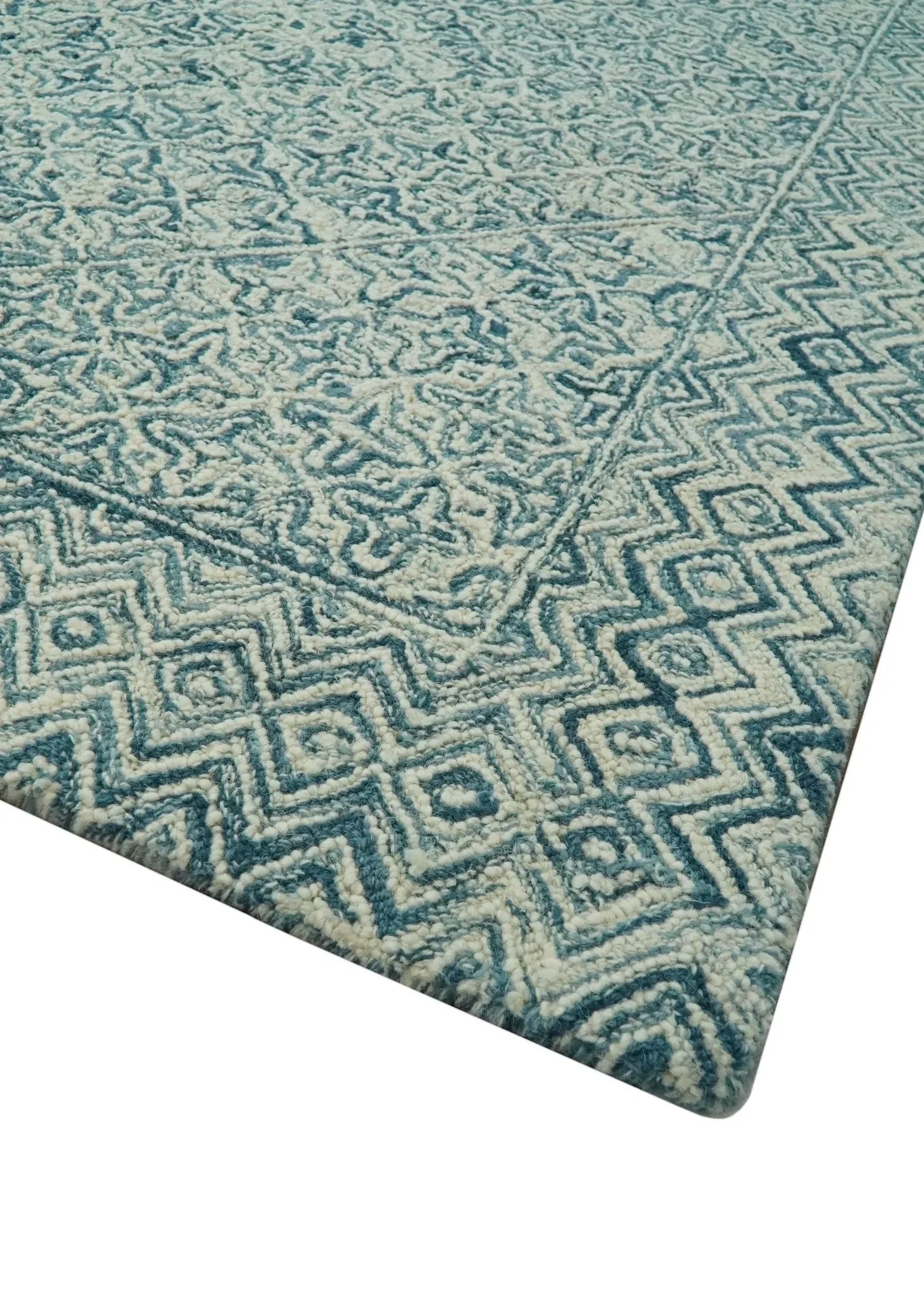 Modern Geometrical Teal and Ivory Hand Tufted Custom Made wool area rug - The Mayfair Hall