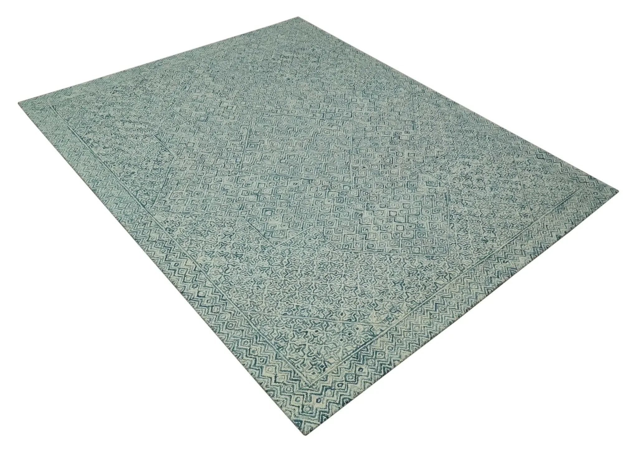 Modern Geometrical Teal and Ivory Hand Tufted Custom Made wool area rug - The Mayfair Hall