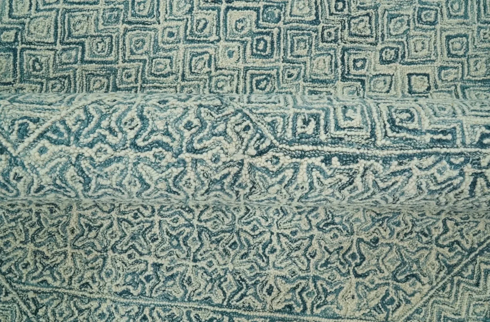 Modern Geometrical Teal and Ivory Hand Tufted Custom Made wool area rug - The Mayfair Hall