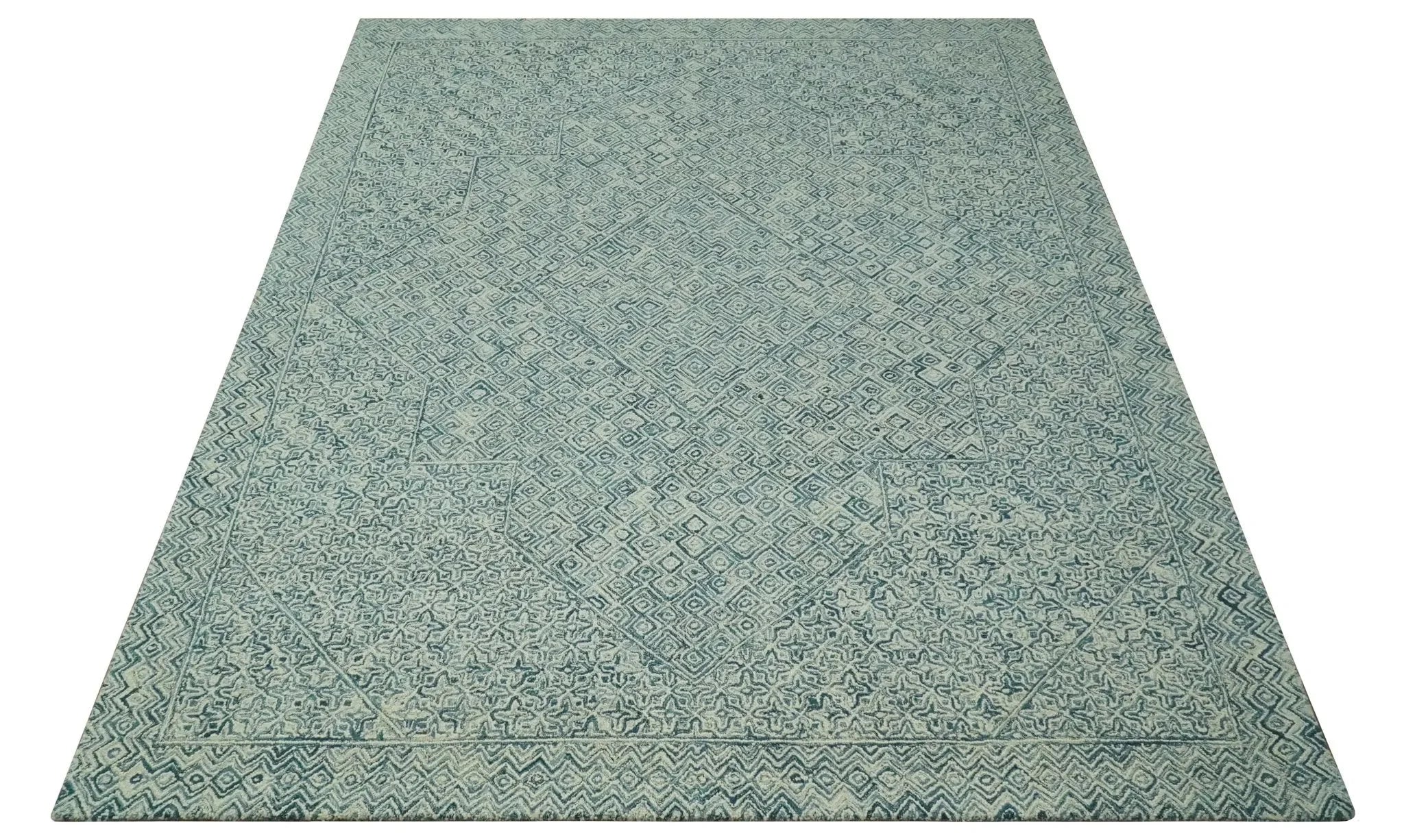 Modern Geometrical Teal and Ivory Hand Tufted Custom Made wool area rug - The Mayfair Hall