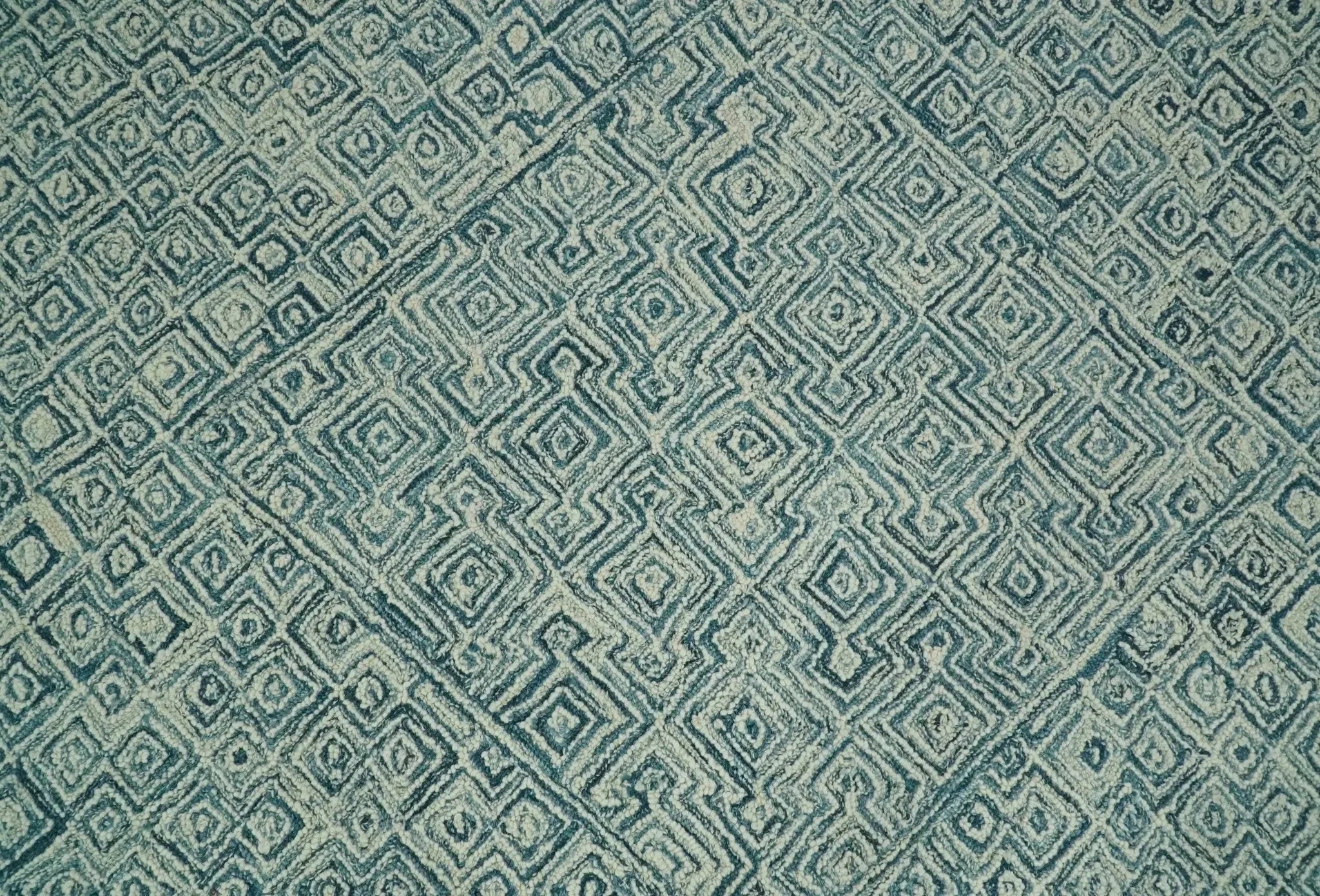 Modern Geometrical Teal and Ivory Hand Tufted Custom Made wool area rug - The Mayfair Hall