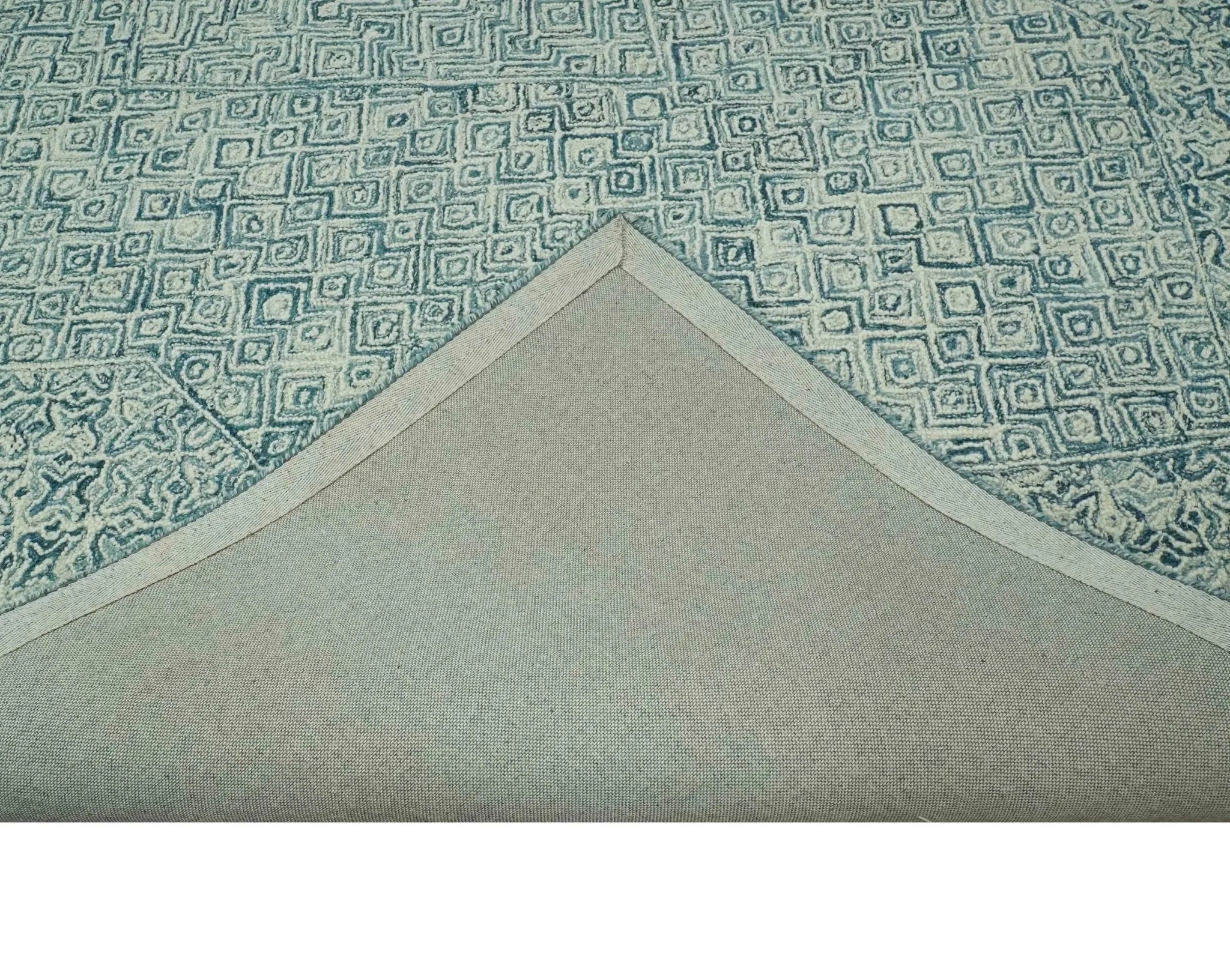 Modern Geometrical Teal and Ivory Hand Tufted Custom Made wool area rug - The Mayfair Hall