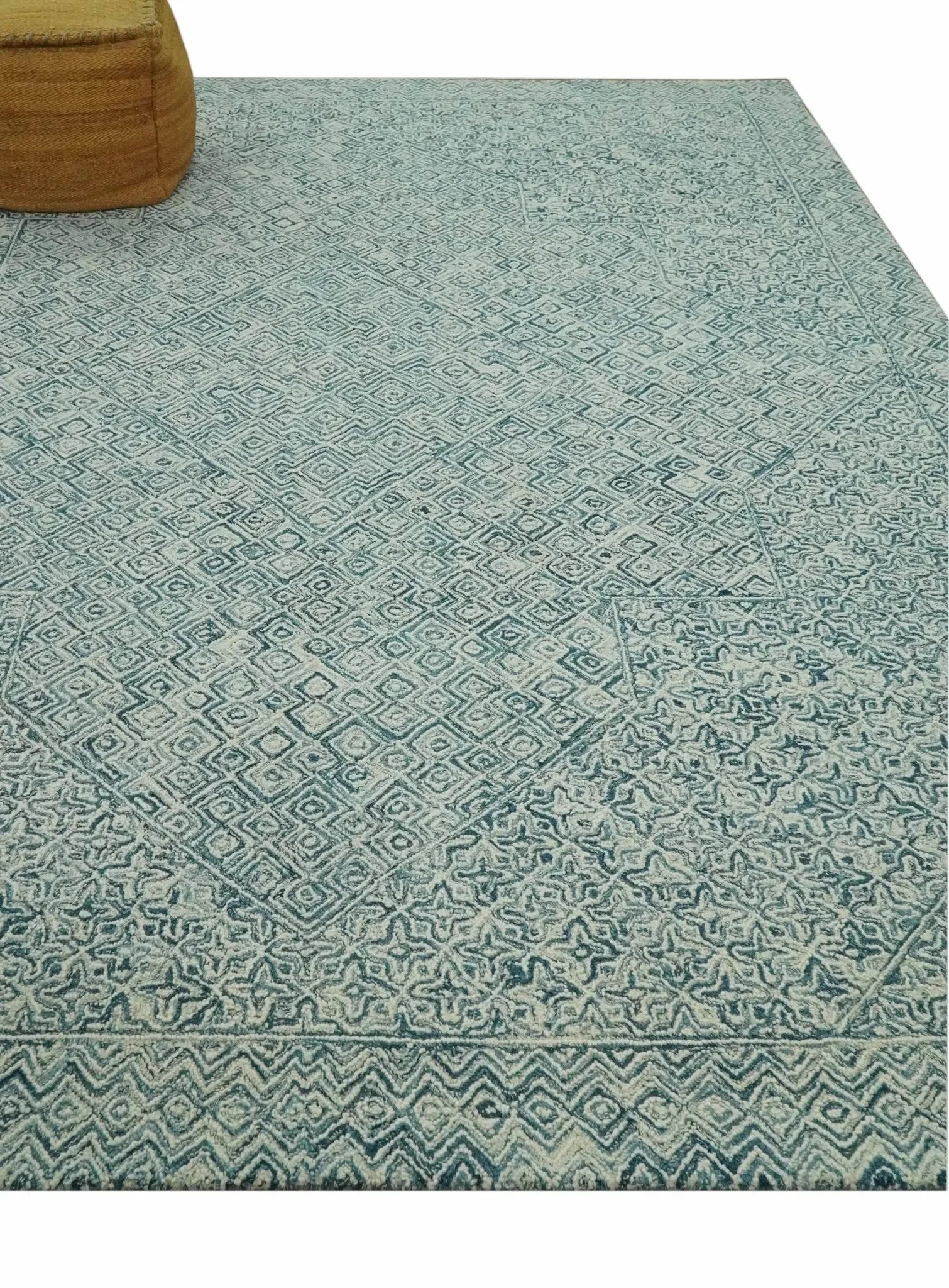 Modern Geometrical Teal and Ivory Hand Tufted Custom Made wool area rug - The Mayfair Hall