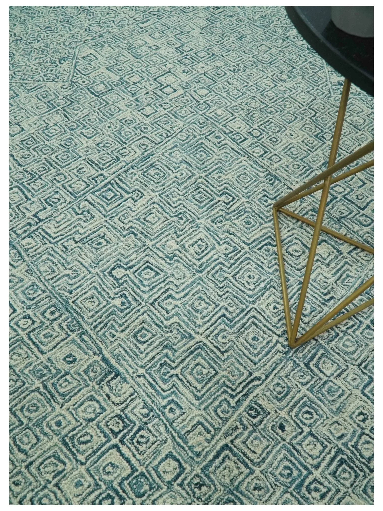 Modern Geometrical Teal and Ivory Hand Tufted Custom Made wool area rug - The Mayfair Hall