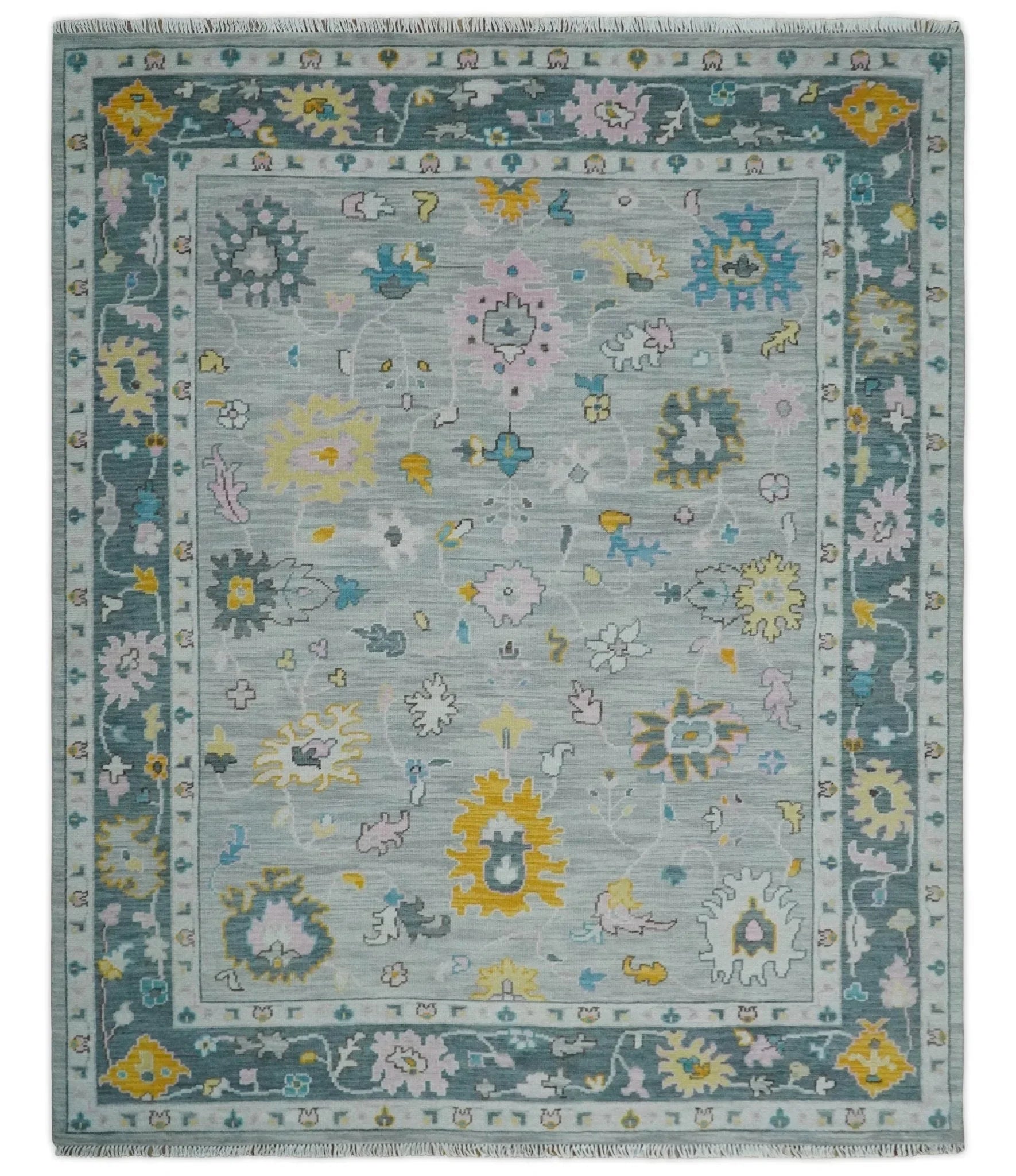 Modern Oushak Multi Size Silver and Teal Vibrant Colorful Hand knotted Wool Area Rug - The Mayfair Hall