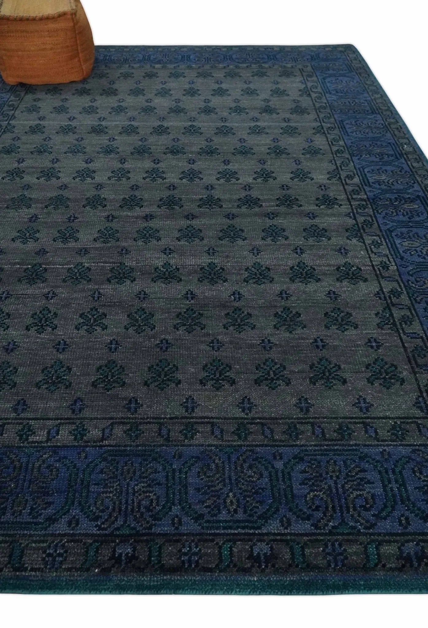 Gray and Blue Traditional Hand Knotted Antique Style low Pile Custom Made Wool Area Rug - The Mayfair Hall