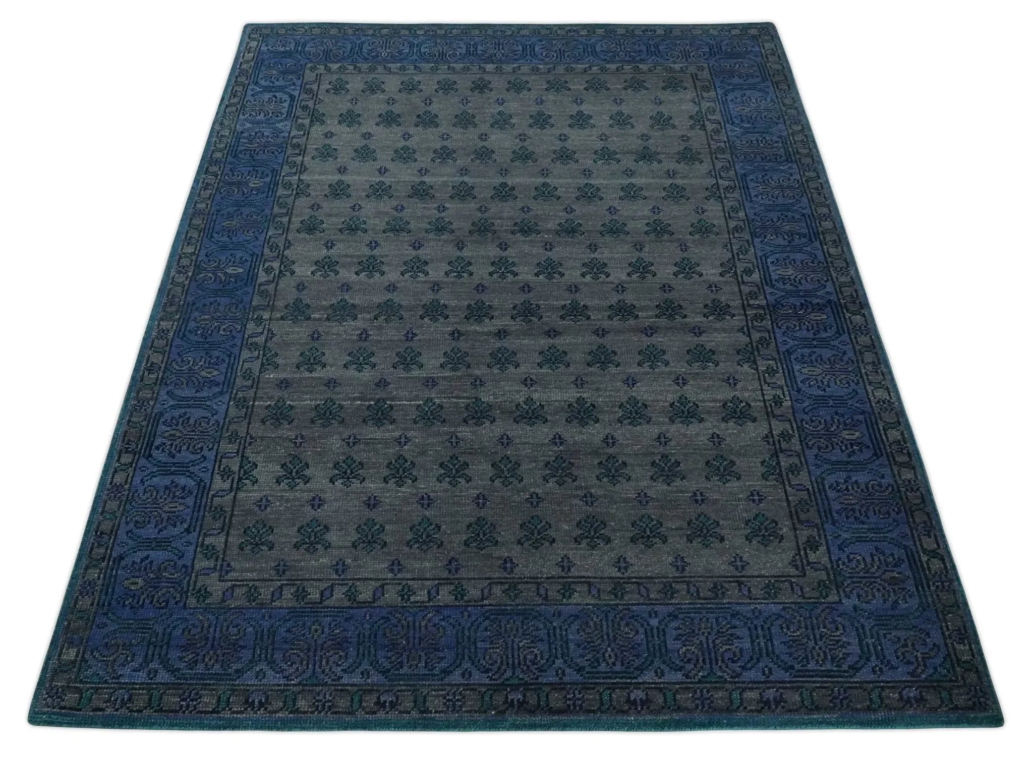 Gray and Blue Traditional Hand Knotted Antique Style low Pile Custom Made Wool Area Rug - The Mayfair Hall