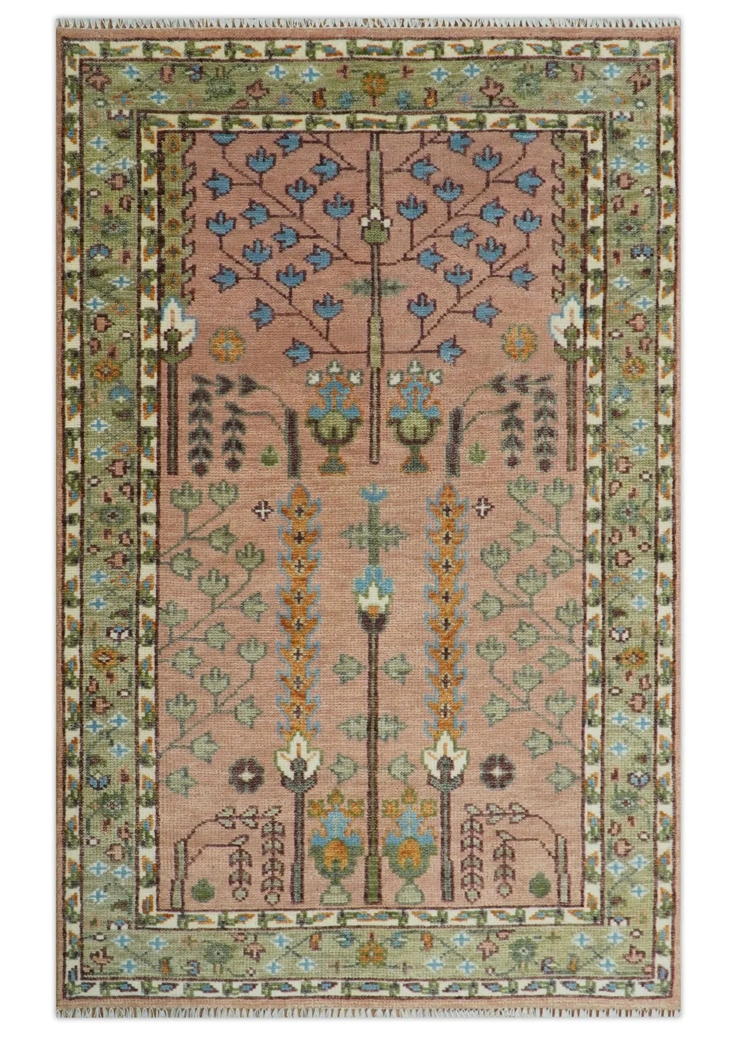 Pink, Olive and Beige Traditional Vintage Heriz Serapi Wool Rug - The Mayfair Hall