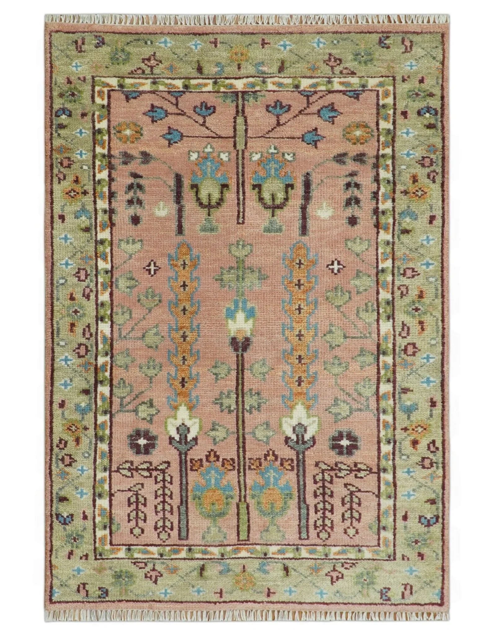 Pink, Olive and Beige Traditional Vintage Heriz Serapi Wool Rug - The Mayfair Hall
