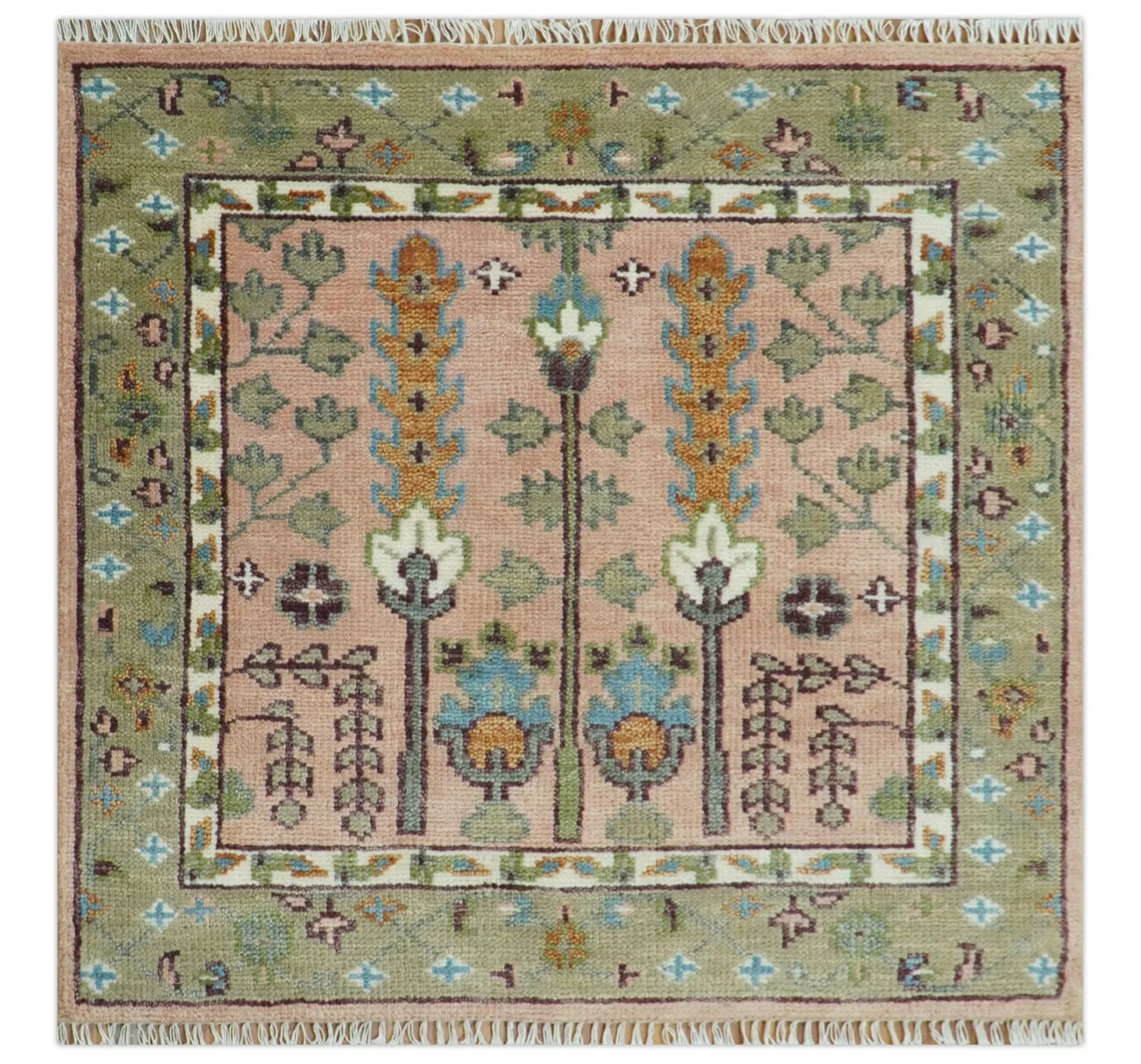 Pink, Olive and Beige Traditional Vintage Heriz Serapi Wool Rug - The Mayfair Hall