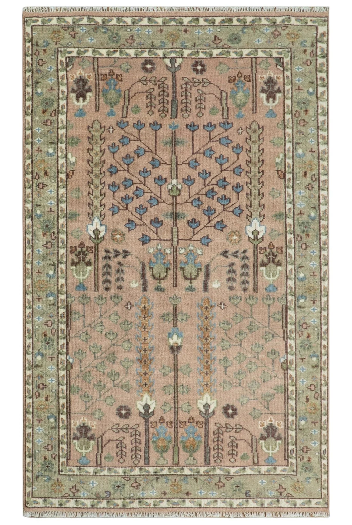 Pink, Olive and Beige Traditional Vintage Heriz Serapi Wool Rug - The Mayfair Hall