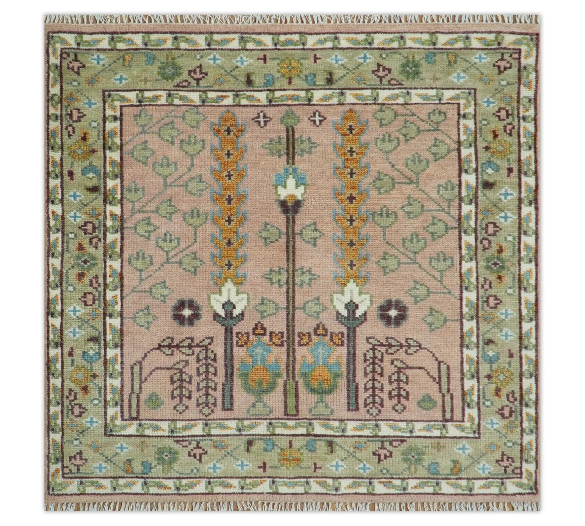 Pink, Olive and Beige Traditional Vintage Heriz Serapi Wool Rug - The Mayfair Hall