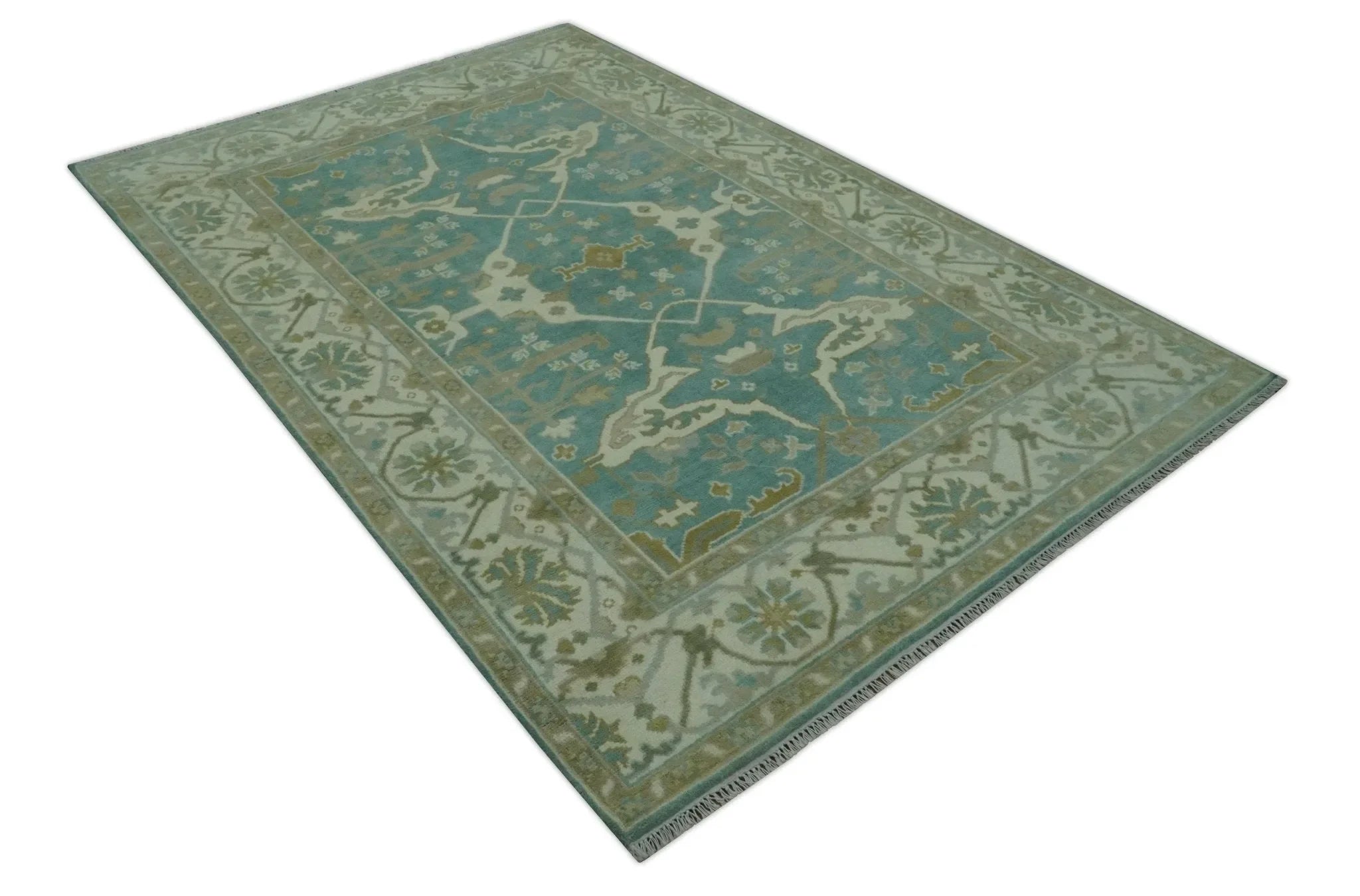 Teal and Ivory Hand Knotted Traditional Oriental Oushak Custom Made wool rug - The Mayfair Hall