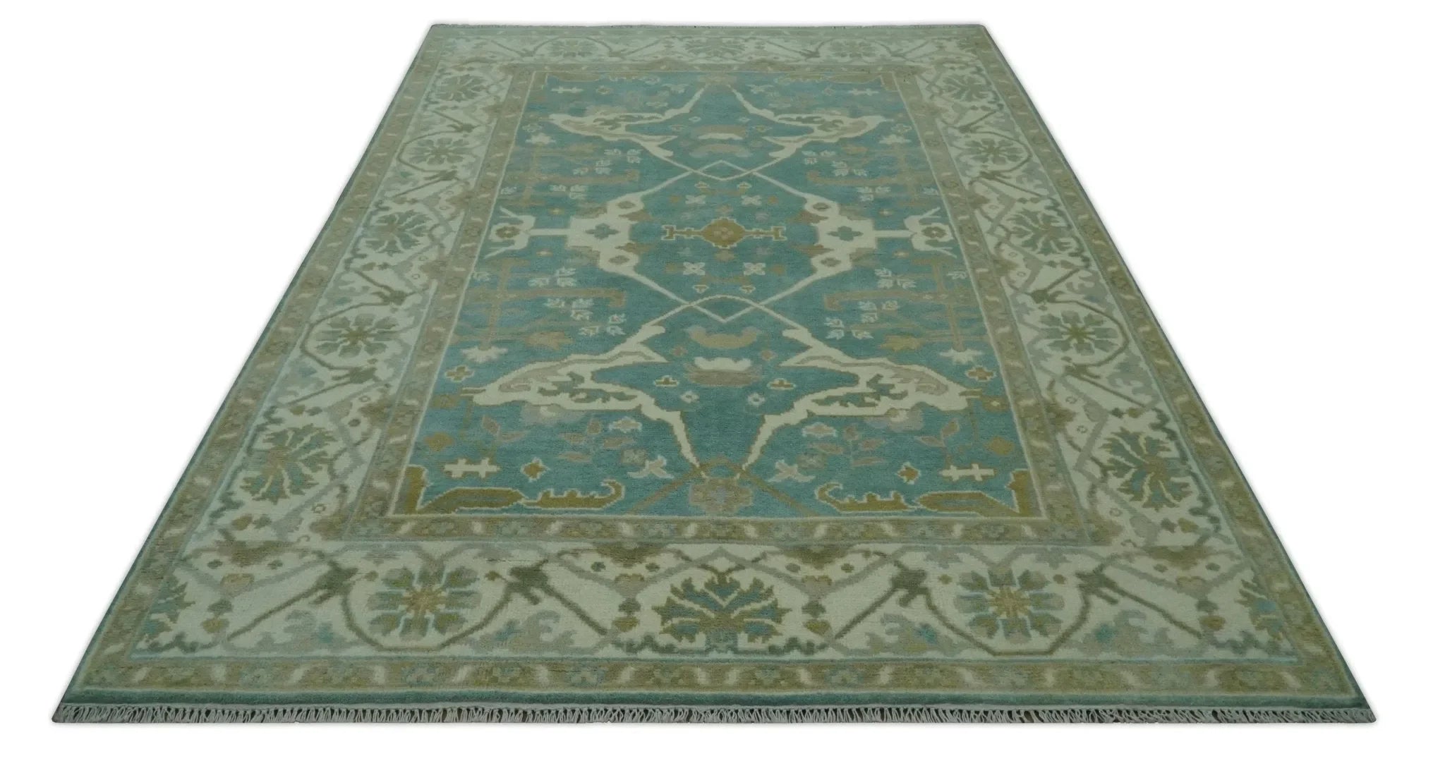 Teal and Ivory Hand Knotted Traditional Oriental Oushak Custom Made wool rug - The Mayfair Hall