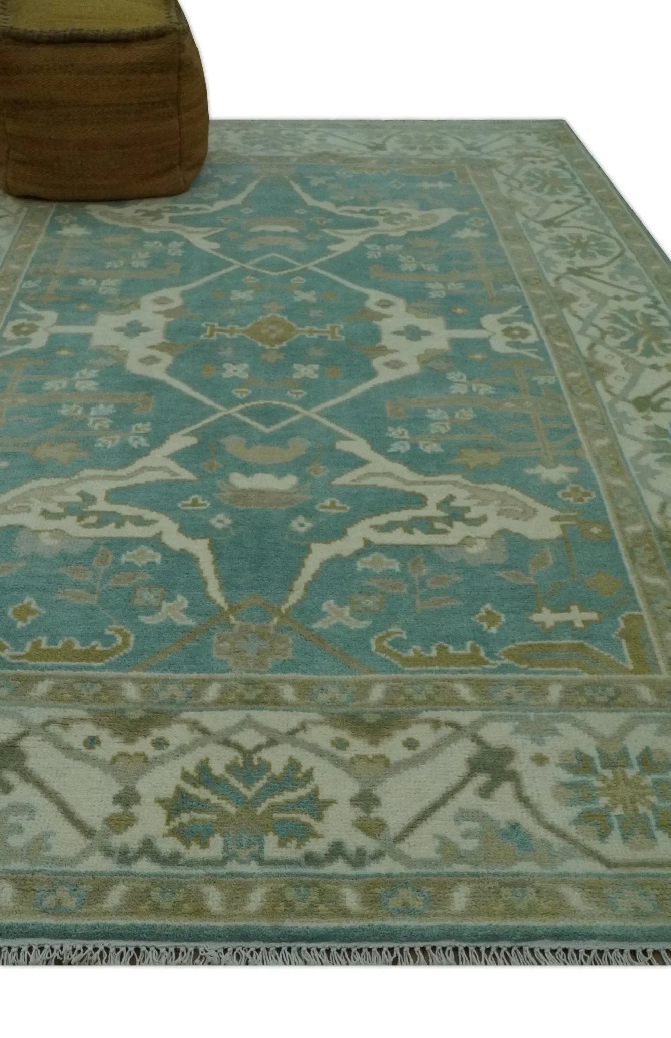Teal and Ivory Hand Knotted Traditional Oriental Oushak Custom Made wool rug - The Mayfair Hall