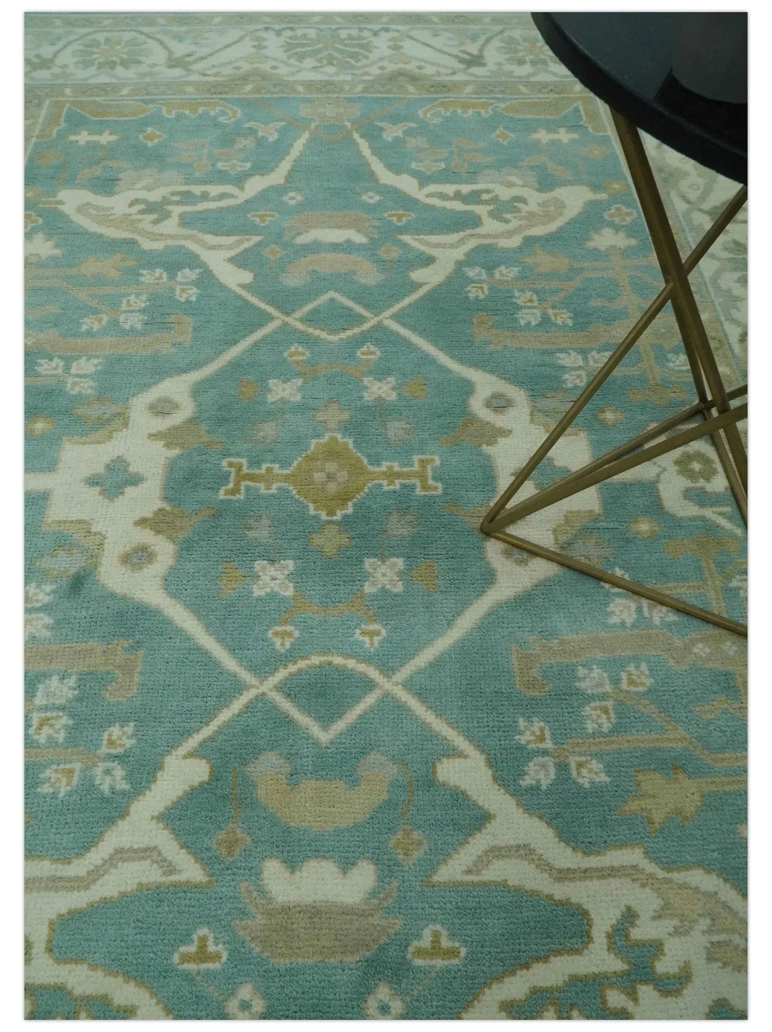 Teal and Ivory Hand Knotted Traditional Oriental Oushak Custom Made wool rug - The Mayfair Hall