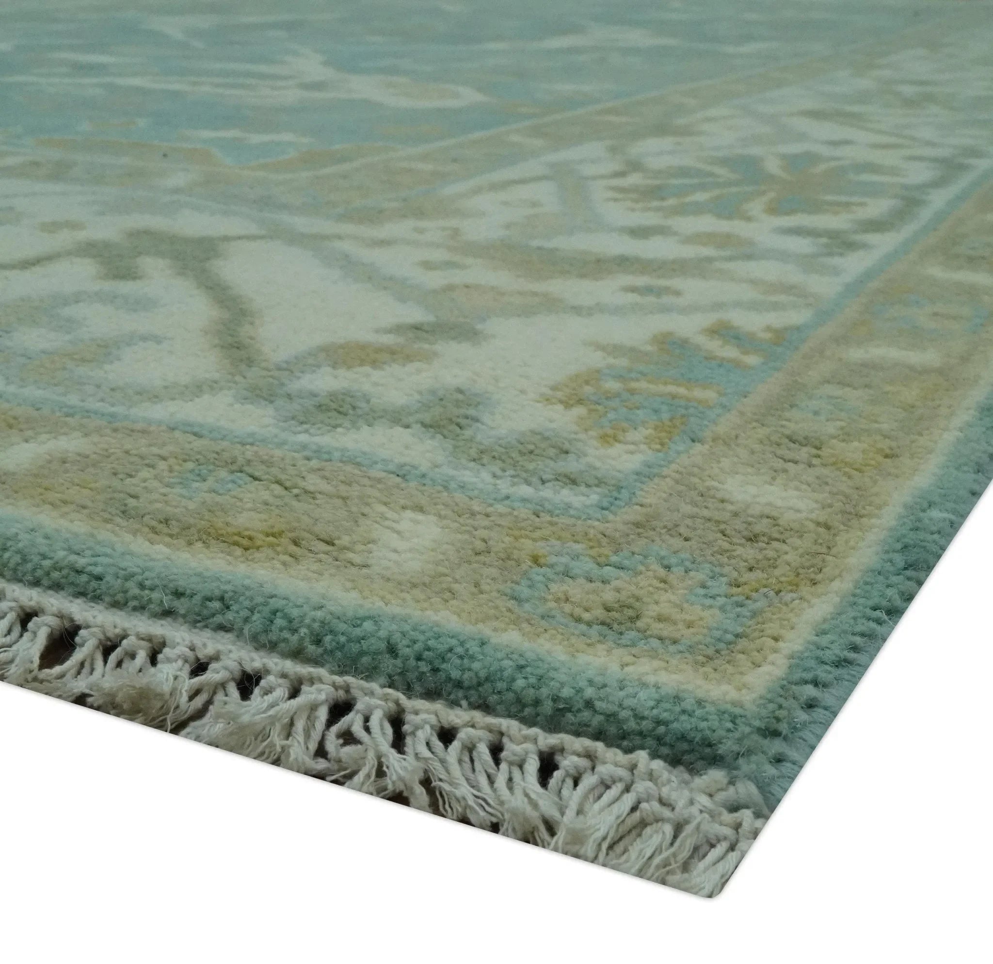 Teal and Ivory Hand Knotted Traditional Oriental Oushak Custom Made wool rug - The Mayfair Hall