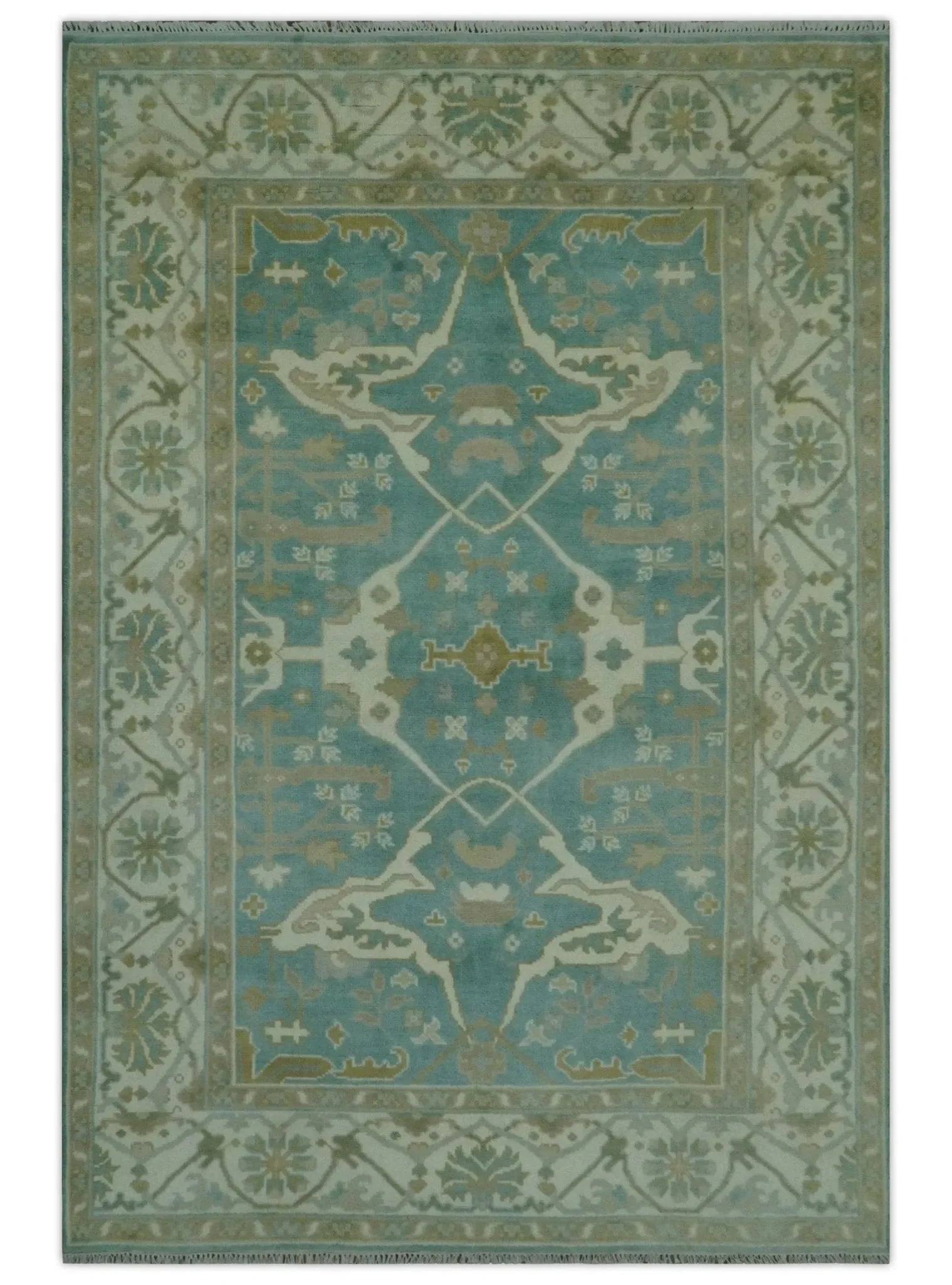 Teal and Ivory Hand Knotted Traditional Oriental Oushak Custom Made wool rug - The Mayfair Hall