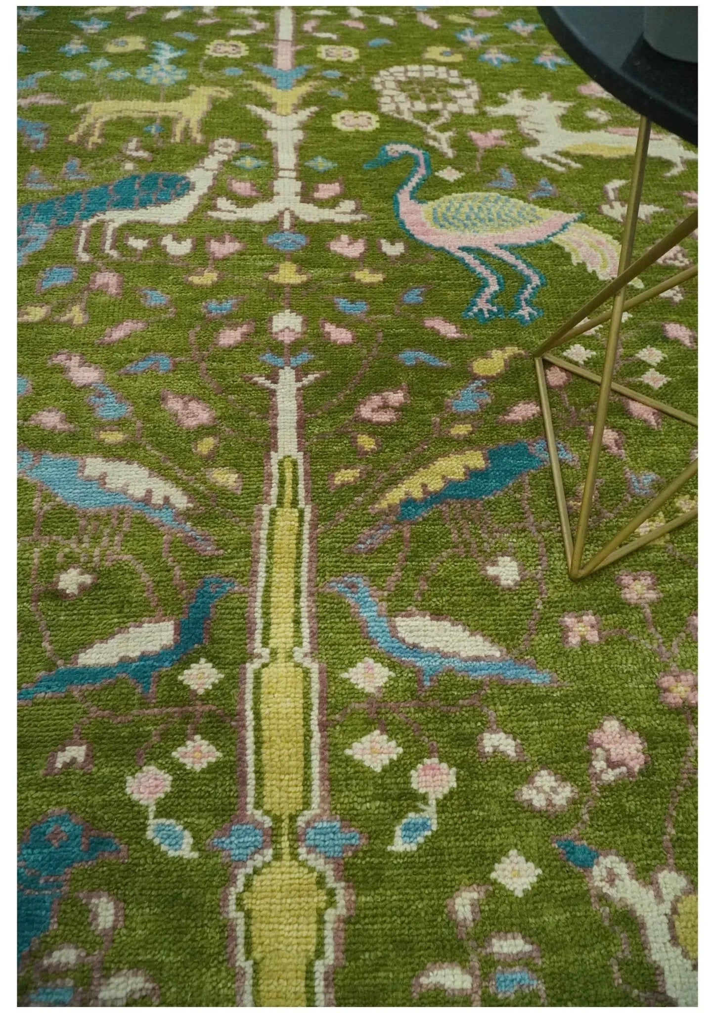 The Green Jungle Life Teal and Peach Peacock Bird Hand Knotted Custom Made Wool Area Rug - The Mayfair Hall
