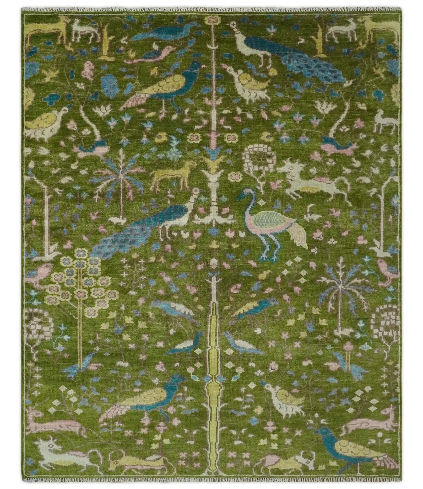 The Green Jungle Life Teal and Peach Peacock Bird Hand Knotted Custom Made Wool Area Rug - The Mayfair Hall