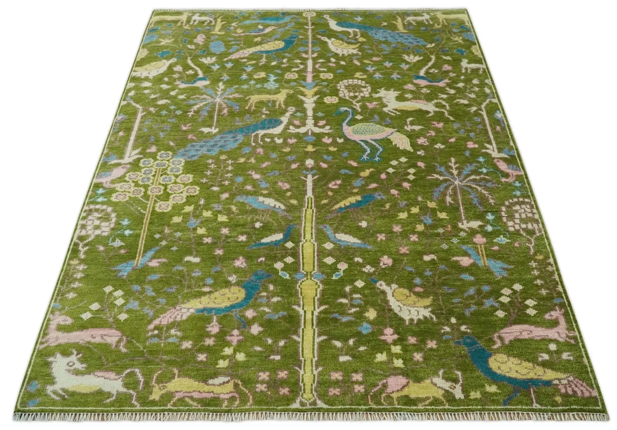 The Green Jungle Life Teal and Peach Peacock Bird Hand Knotted Custom Made Wool Area Rug - The Mayfair Hall