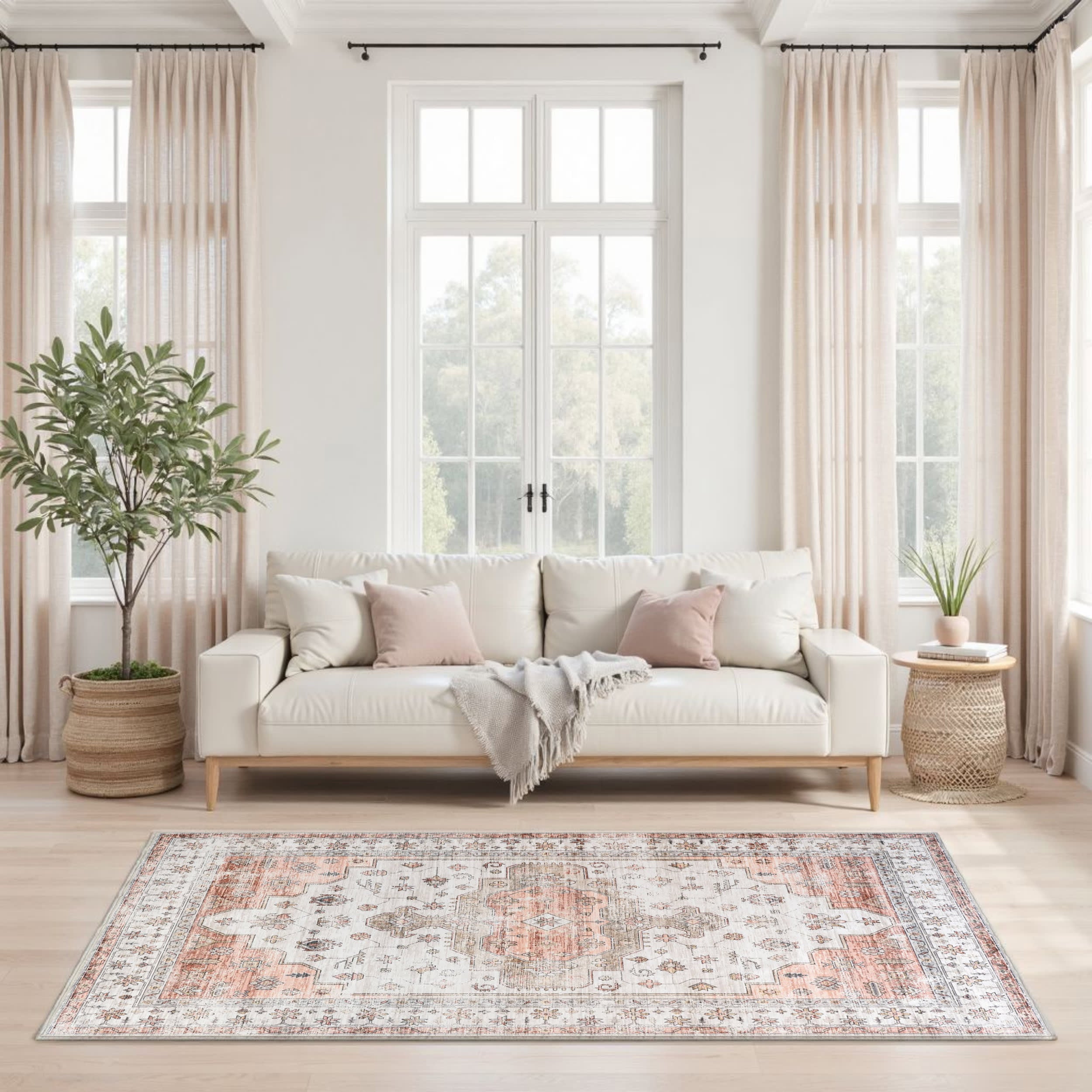 Francis Cartouche Medallion Spill Proof Washable Rug | Beige