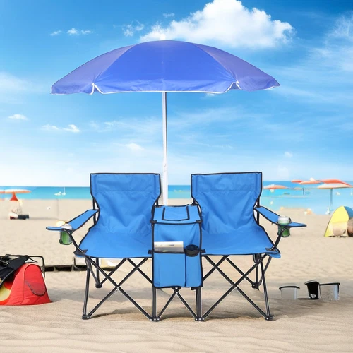 2-in-1 Double Folding Chair Set with Umbrella