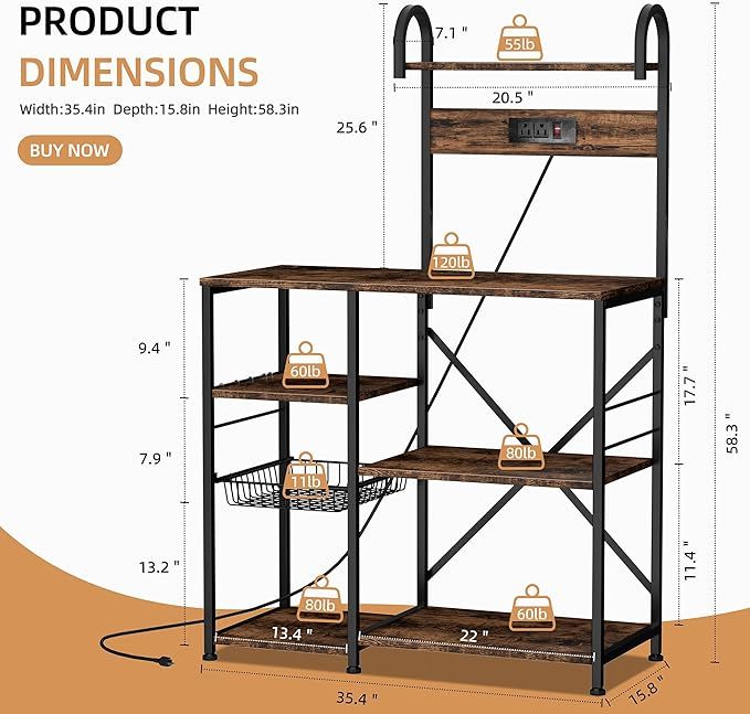  5-Tier Kitchen Baker’s Rack with Power Outlets 
