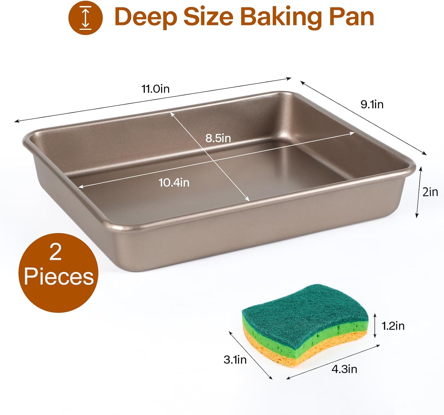 9x11 Baking Pan, Rectangle Cake Pan, 2-Pieces Nonstick Sheet Cake Pans Heavy Duty, Toaster Oven Tray Deep Size for Lasagna, Brownie