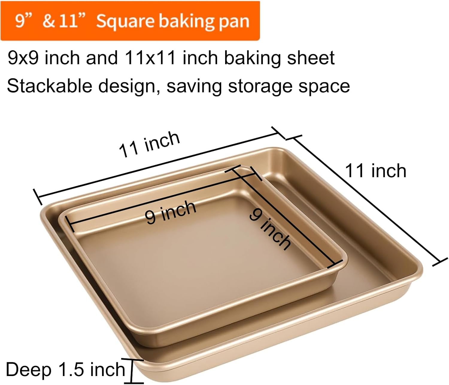 Square Baking Sheet 11x11 Inch and 9x9 Inch, Heavy Duty Non-Stick Jelly Roll Pan for Toaster Oven, for Bread Brownie Baking, Heats Evenly and Easy Release, Set of 2