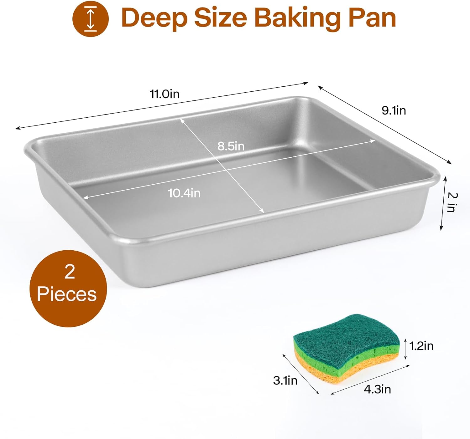 9x11 Baking Pan, Rectangle Cake Pan, 2-Pieces Nonstick Sheet Cake Pans Heavy Duty, Toaster Oven Tray Deep Size for Lasagna, Brownie