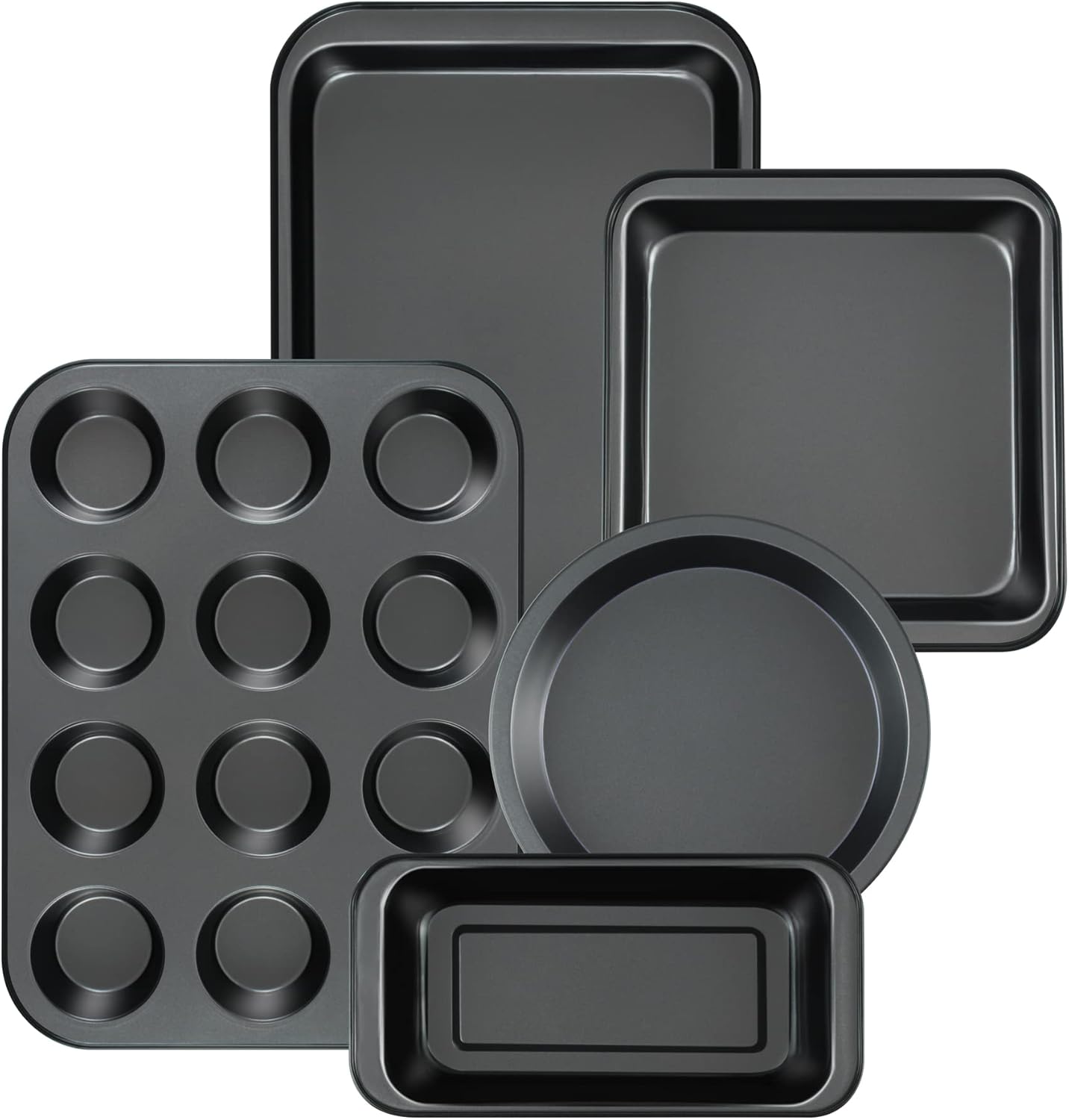 5-Piece Nonstick Bakeware Set - Round/Square Cake Pans, Muffin Pan, Loaf Pan, Roast Pan & Baking Sheets