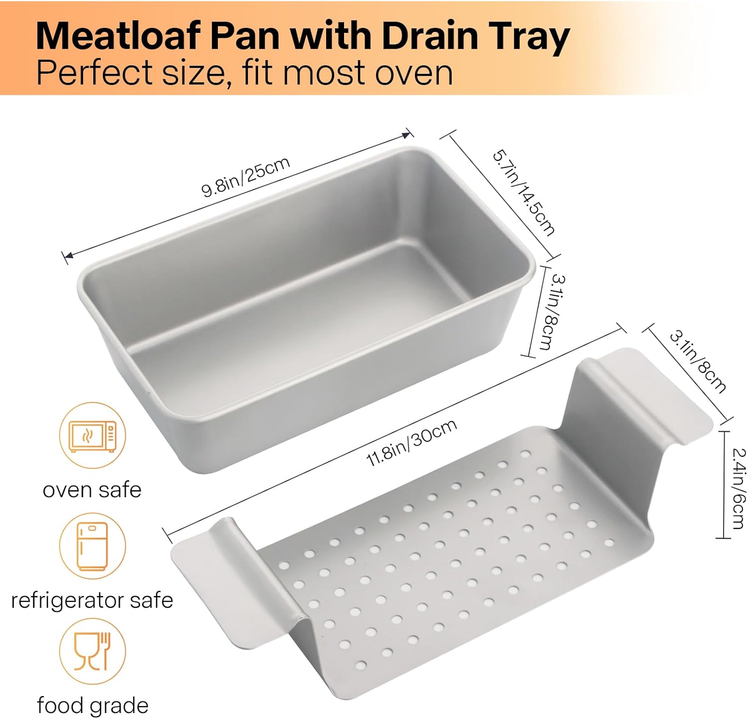 Meat Loaf Pan with Drip Tray, Meatloaf Pan 2LB, 2-Set Meatloaf Pan with Drain Tray Nonstick, Large Rectangular Pans for Baking Bread