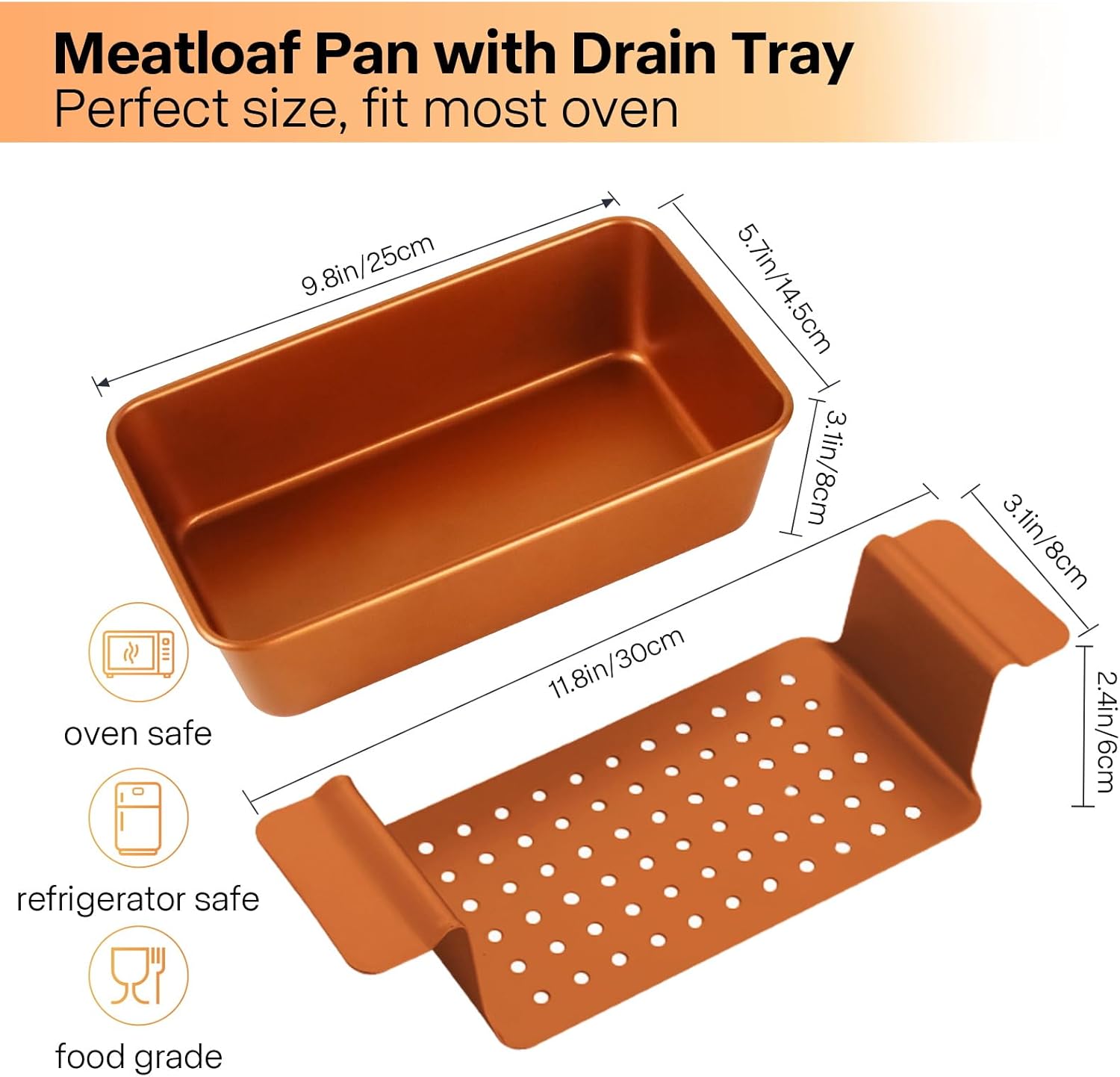 Gold Meatloaf Pan with Drain Tray, Non Stick loaf Pan Set of 2, Heavy Duty 9.8x5.7 Inch Meat loaf Pan with Insert Drip Rack