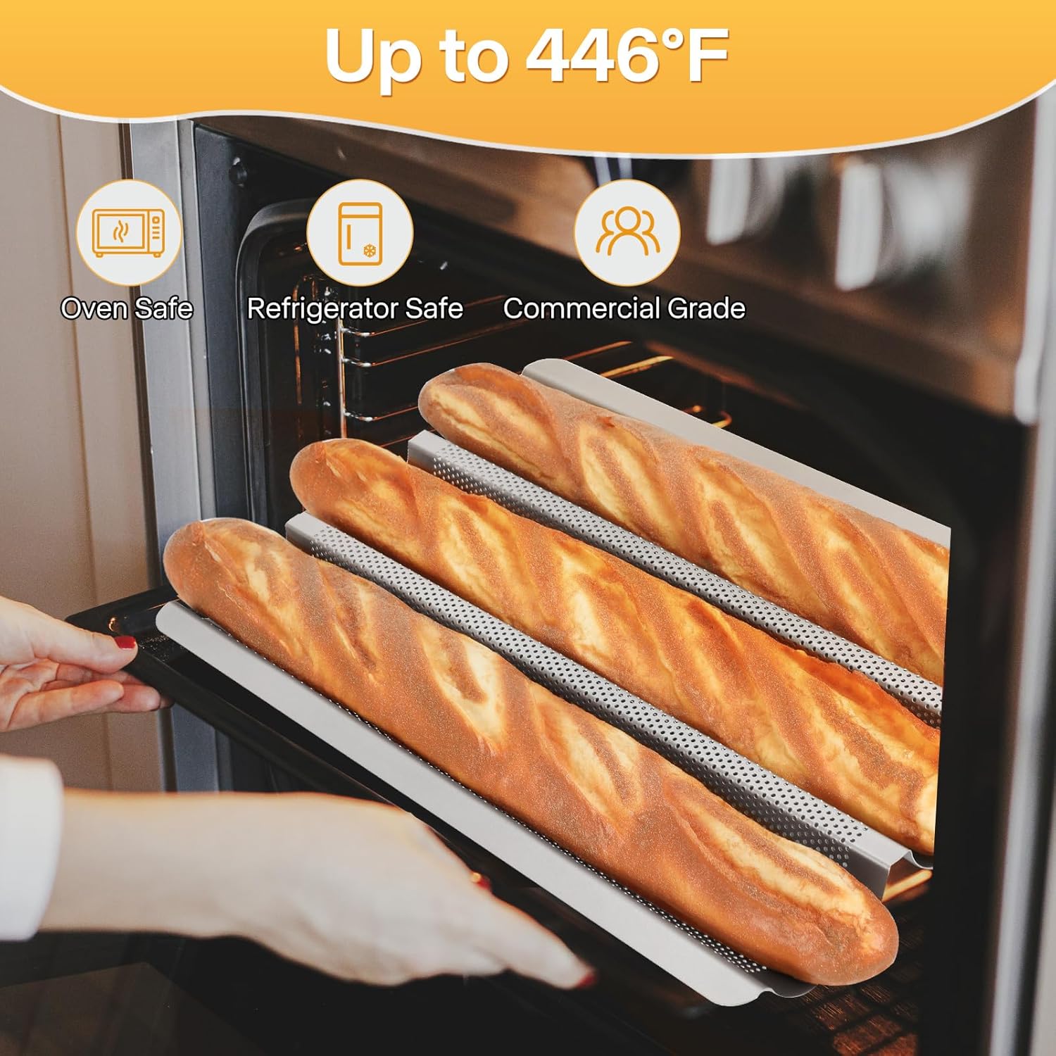 Baguette Bread Pan Set of 2, Silver Baguette Tray Perforated, Nonstick French Bread Baking Pan 3 Loaves, Oven Baking Gifts for Home Baker