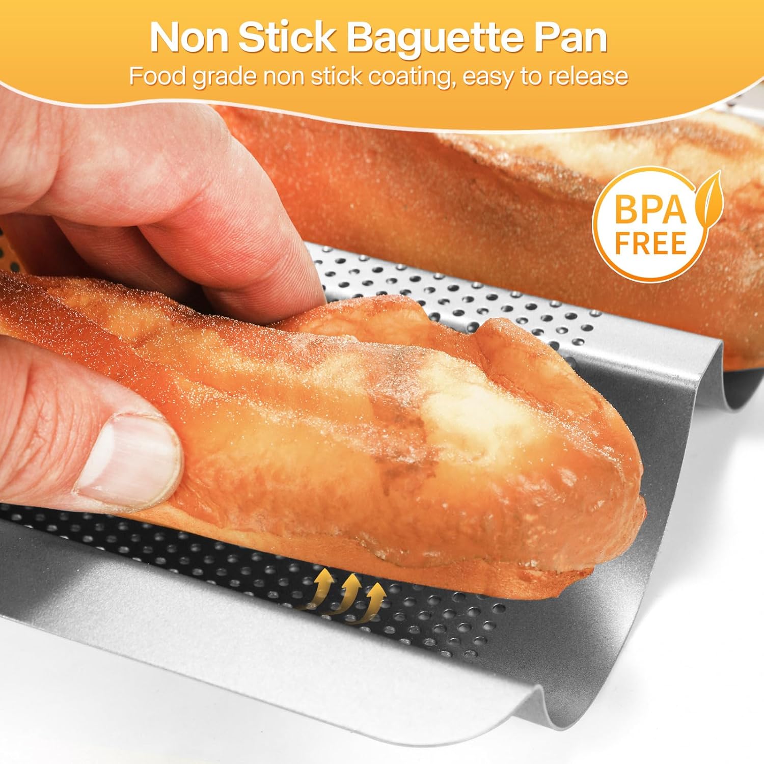 Baguette Bread Pan Set of 2, Silver Baguette Tray Perforated, Nonstick French Bread Baking Pan 3 Loaves, Oven Baking Gifts for Home Baker