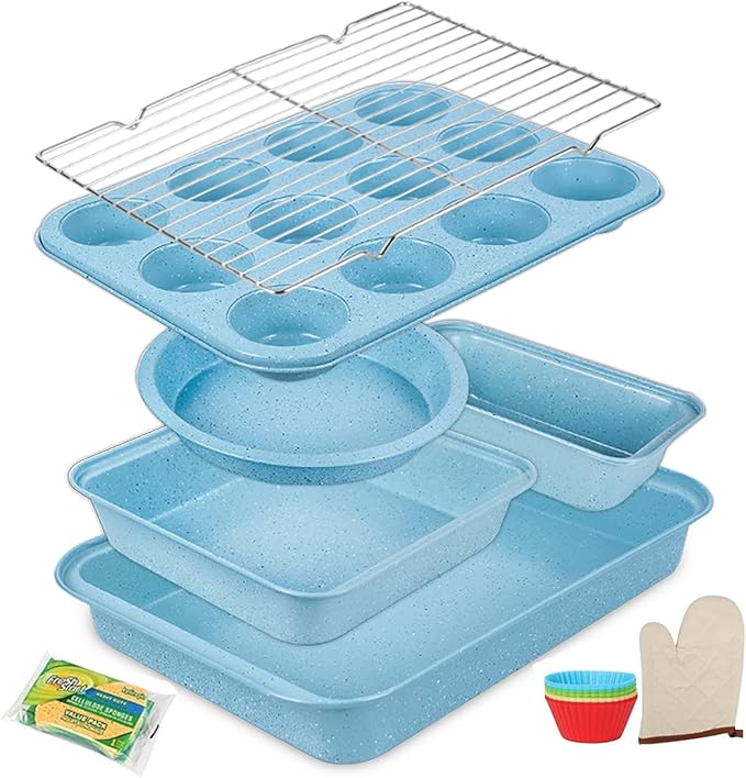 Baking Pans Set 6-Pieces, Non Stick Bakeware Set Stackable, with Cookie Sheet, Muffin, Round/Square Cake Pan