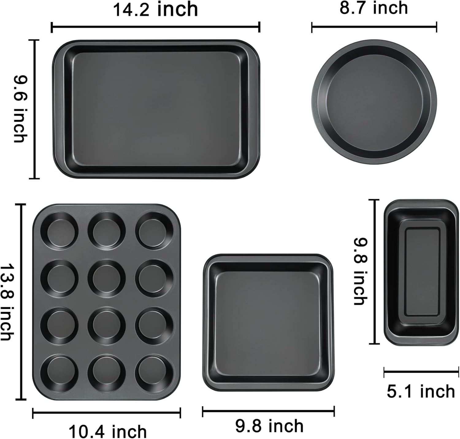 5-Piece Nonstick Bakeware Set - Round/Square Cake Pans, Muffin Pan, Loaf Pan, Roast Pan & Baking Sheets