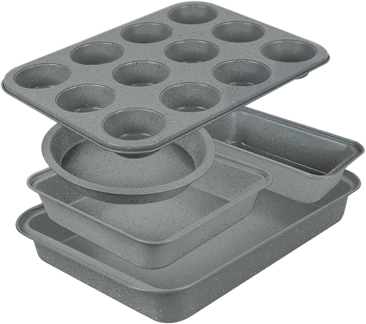 Bakeware Sets with Grey Marble Coating, 5-Piece Baking Set for Oven, Nonstick Premium & Even Heating, Stackable, Carbon Steel, with Round/Square Cake Pan
