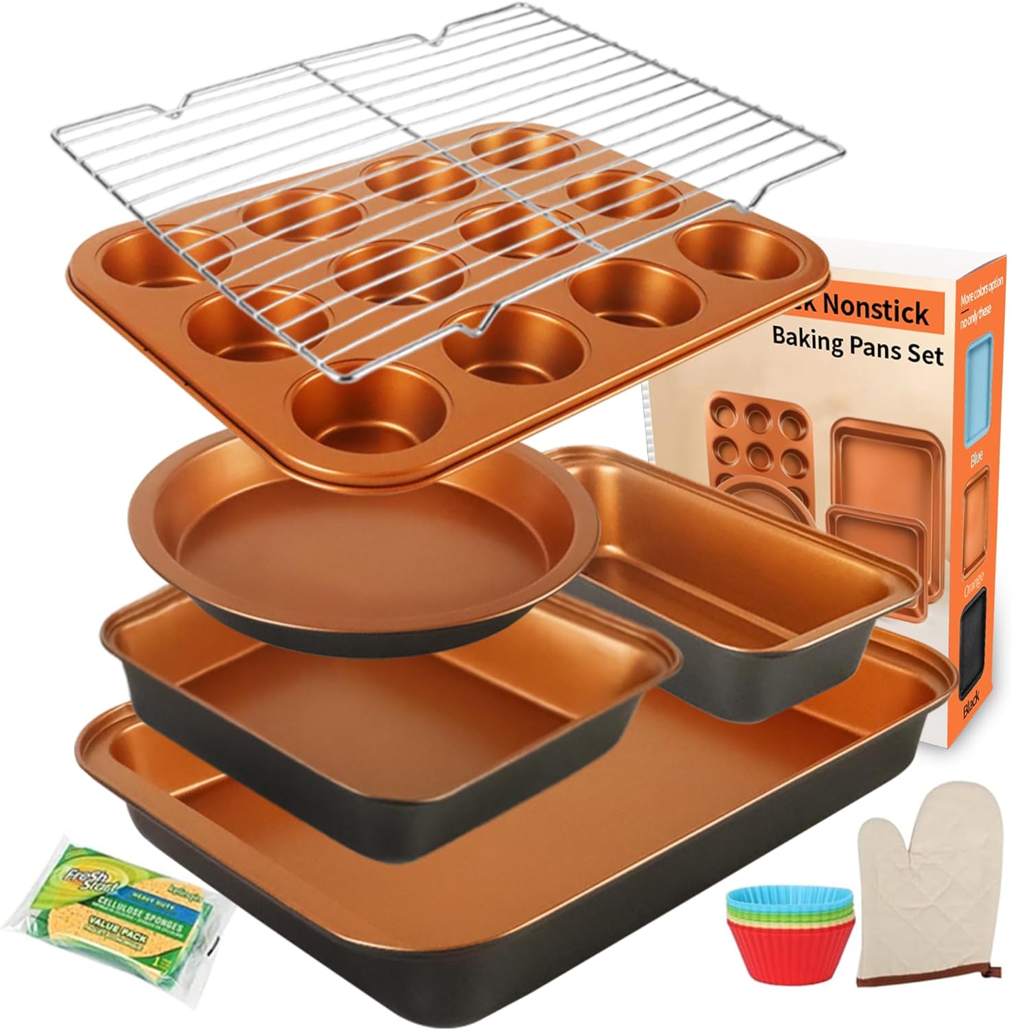 Baking Pans Set 6-Pieces, Non Stick Bakeware Set Stackable, with Cookie Sheet, Muffin, Round/Square Cake Pan